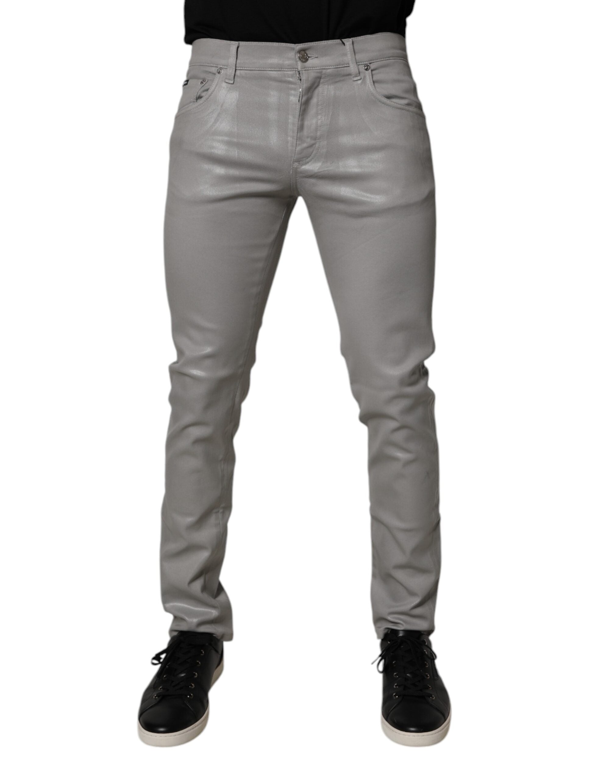Dolce & Gabbana Gray Slim Fit Denim Cotton Metal Logo Jeans