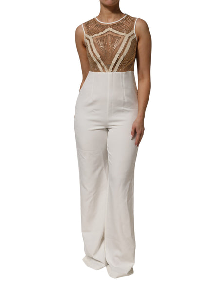 Mangano Hvid Beige Mesh Krystaludsmykket Ærmeløs Jumpsuit
