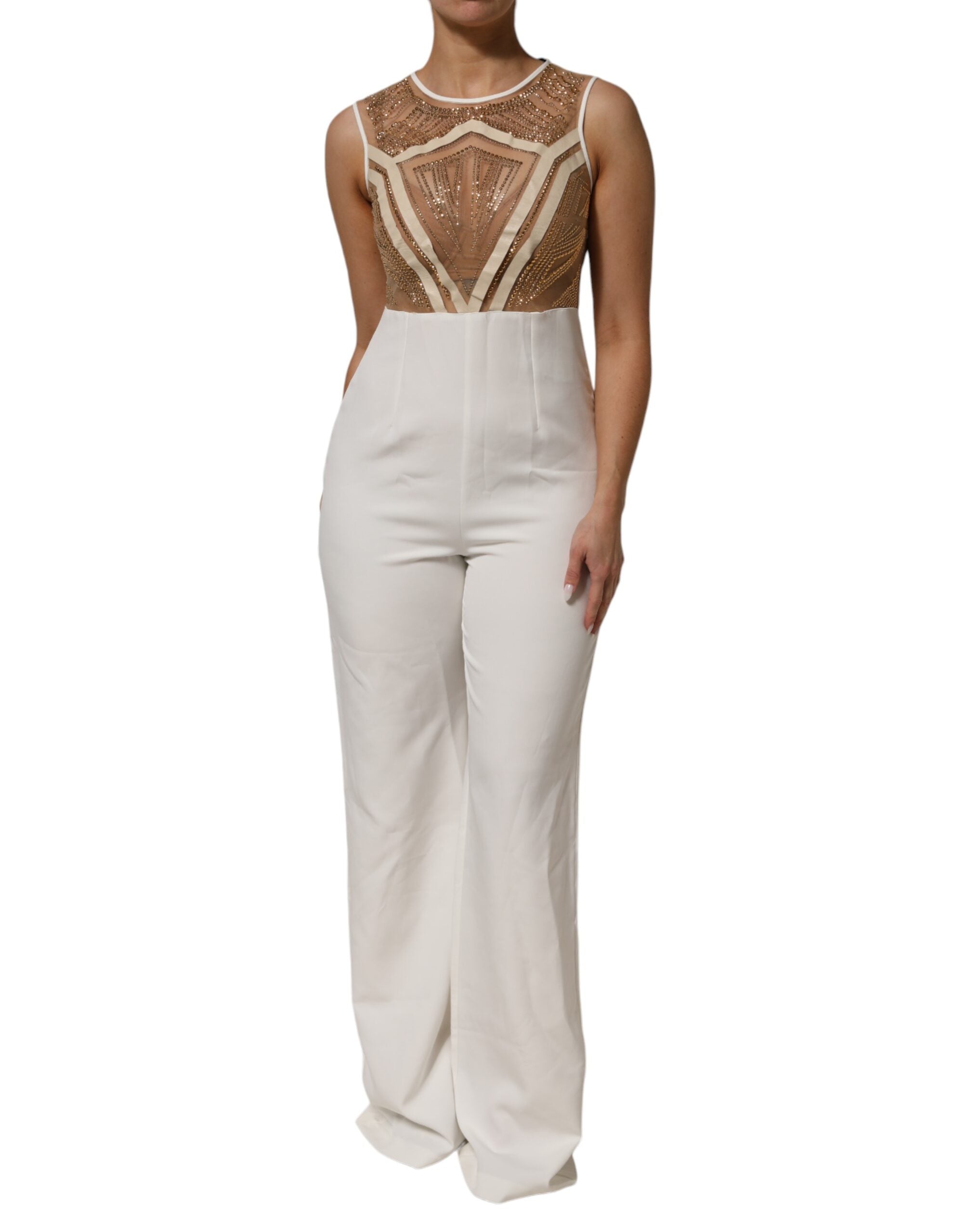 Mangano Hvid Beige Mesh Krystaludsmykket Ærmeløs Jumpsuit
