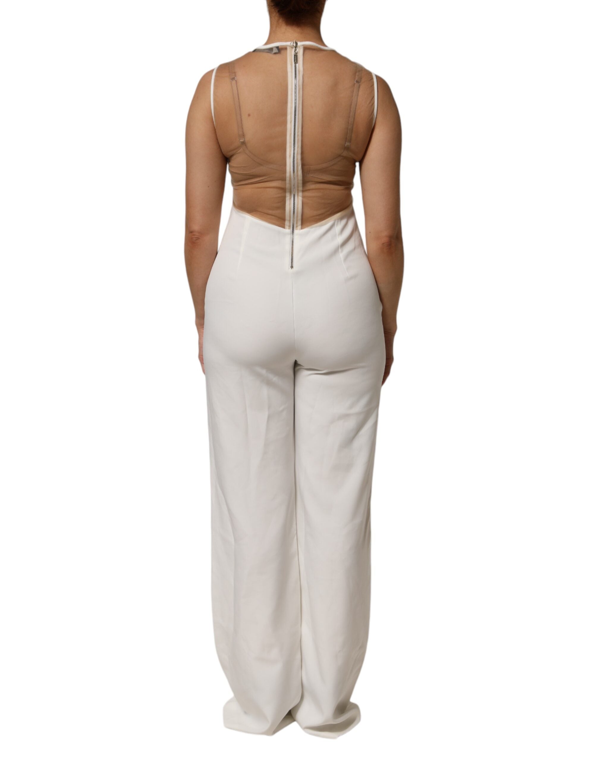 Mangano Hvid Beige Mesh Krystaludsmykket Ærmeløs Jumpsuit