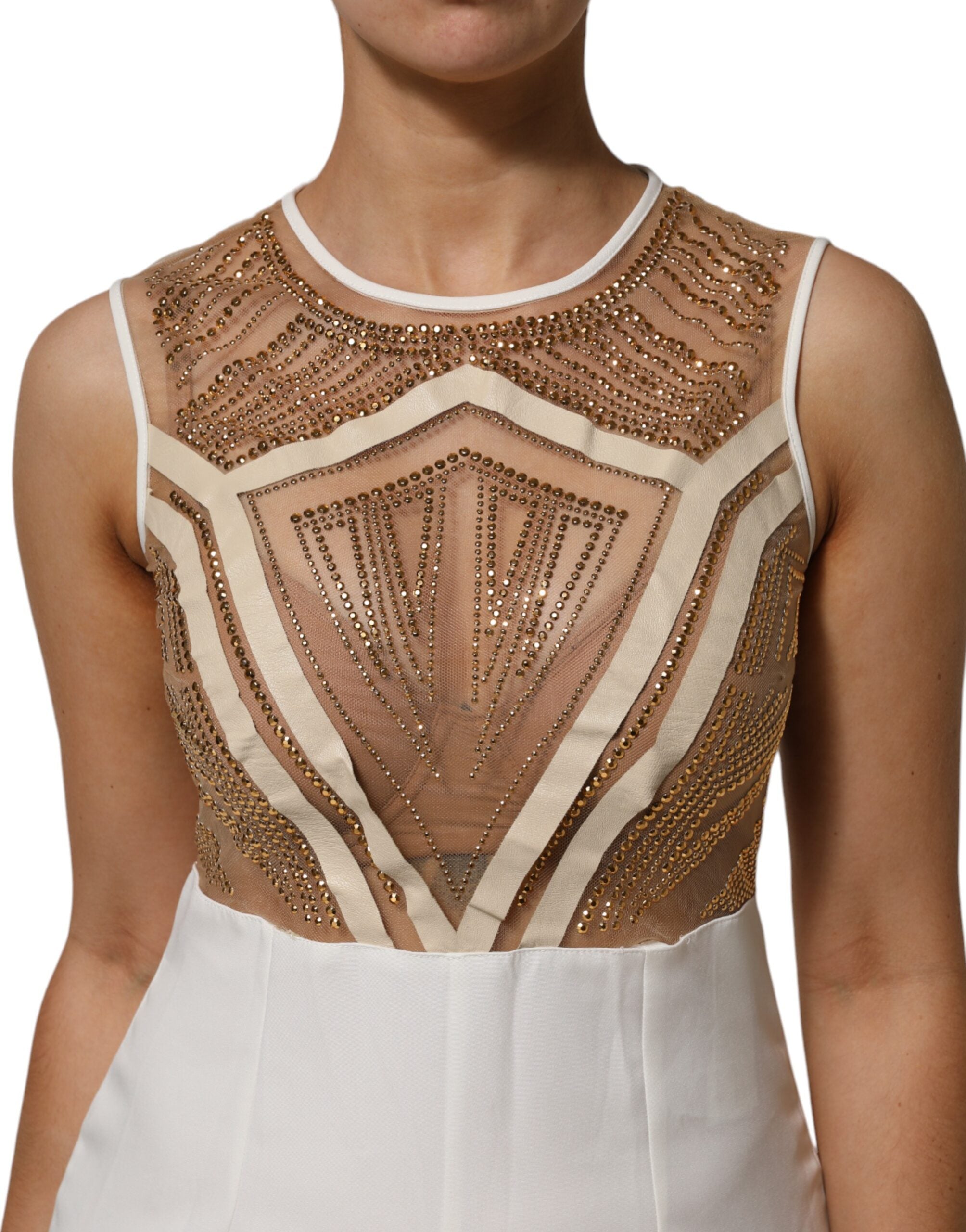 Mangano Hvid Beige Mesh Krystaludsmykket Ærmeløs Jumpsuit