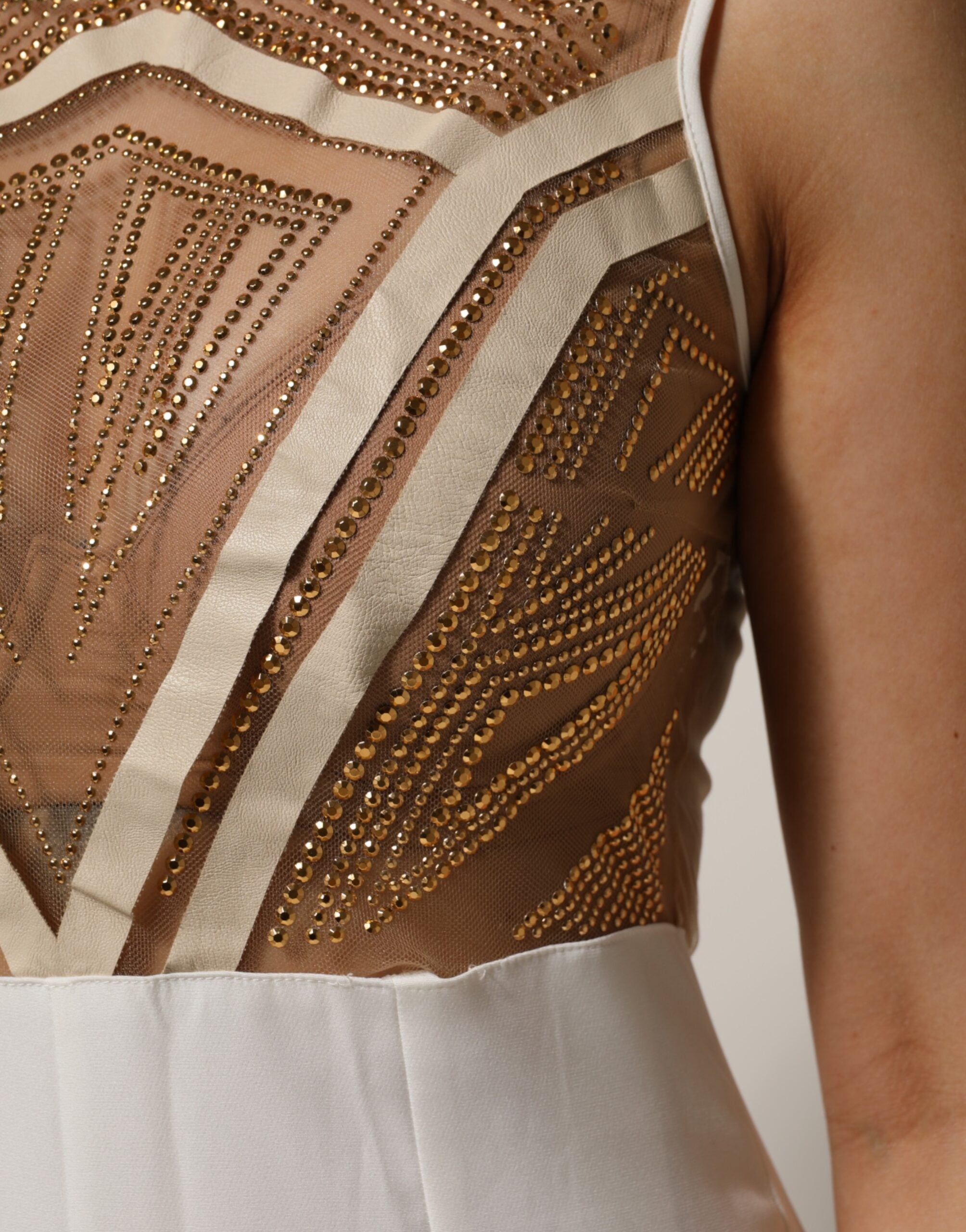 Mangano Hvid Beige Mesh Krystaludsmykket Ærmeløs Jumpsuit