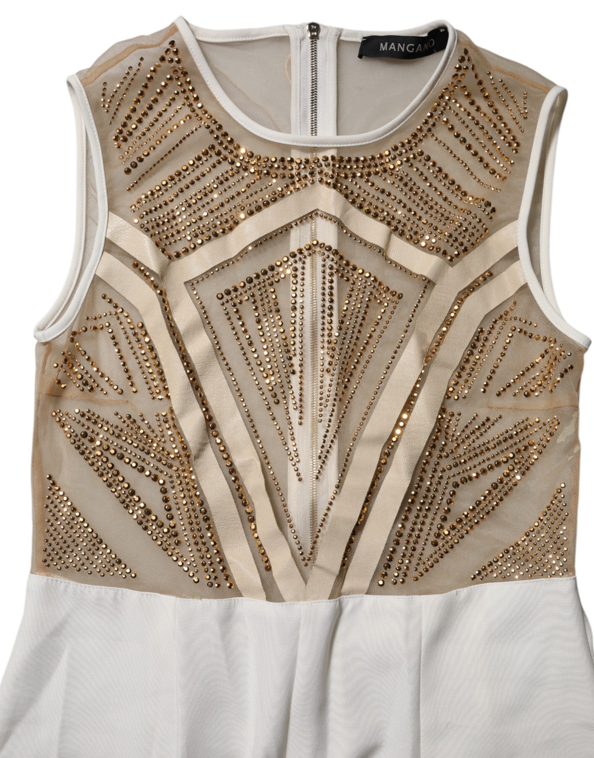 Mangano Hvid Beige Mesh Krystaludsmykket Ærmeløs Jumpsuit