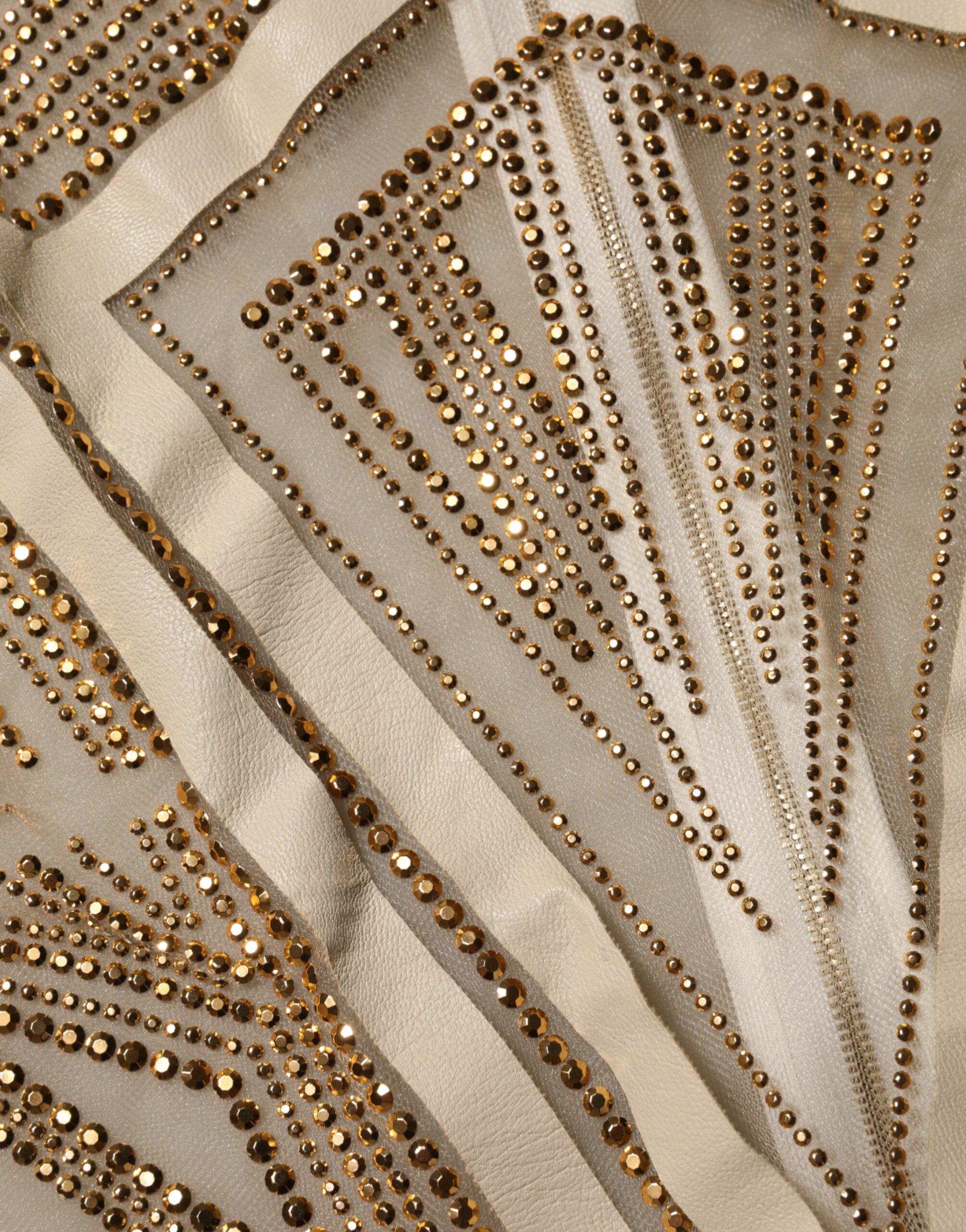 Mangano Hvid Beige Mesh Krystaludsmykket Ærmeløs Jumpsuit