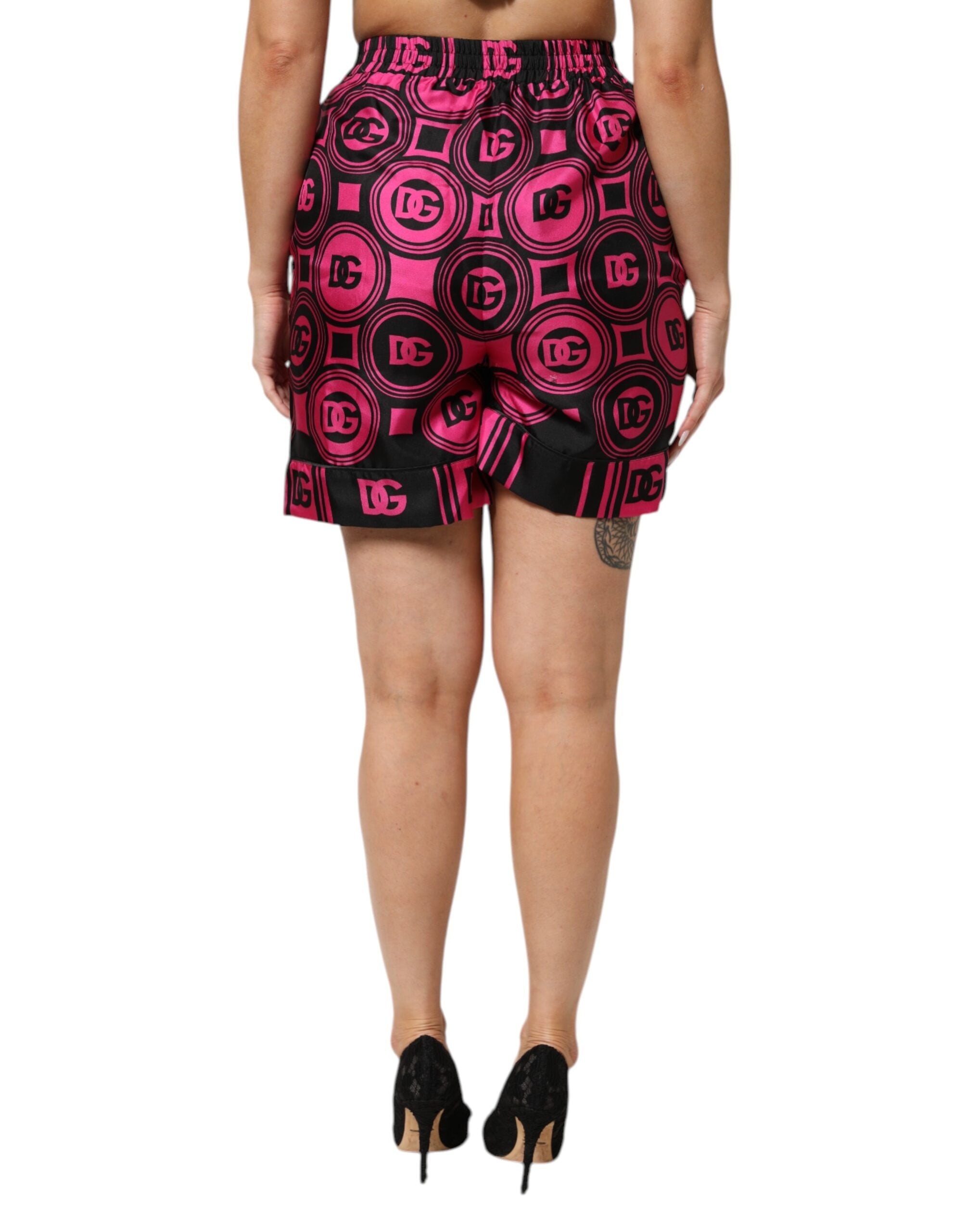 Dolce &amp; Gabbana Rosa Svarta Sidenshorts med Logotyptryck och DG-mönster