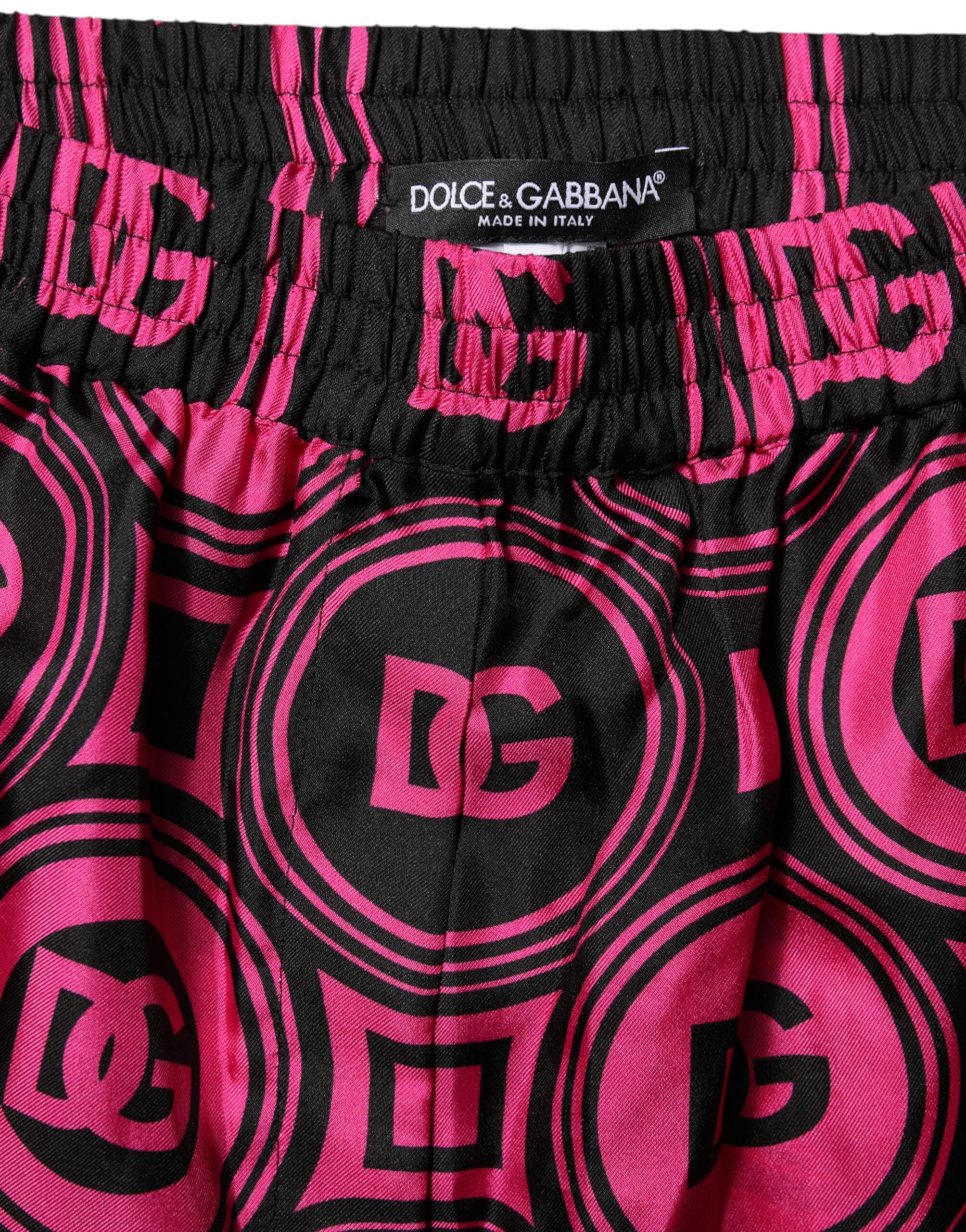 Dolce &amp; Gabbana Rosa Svarta Sidenshorts med Logotyptryck och DG-mönster