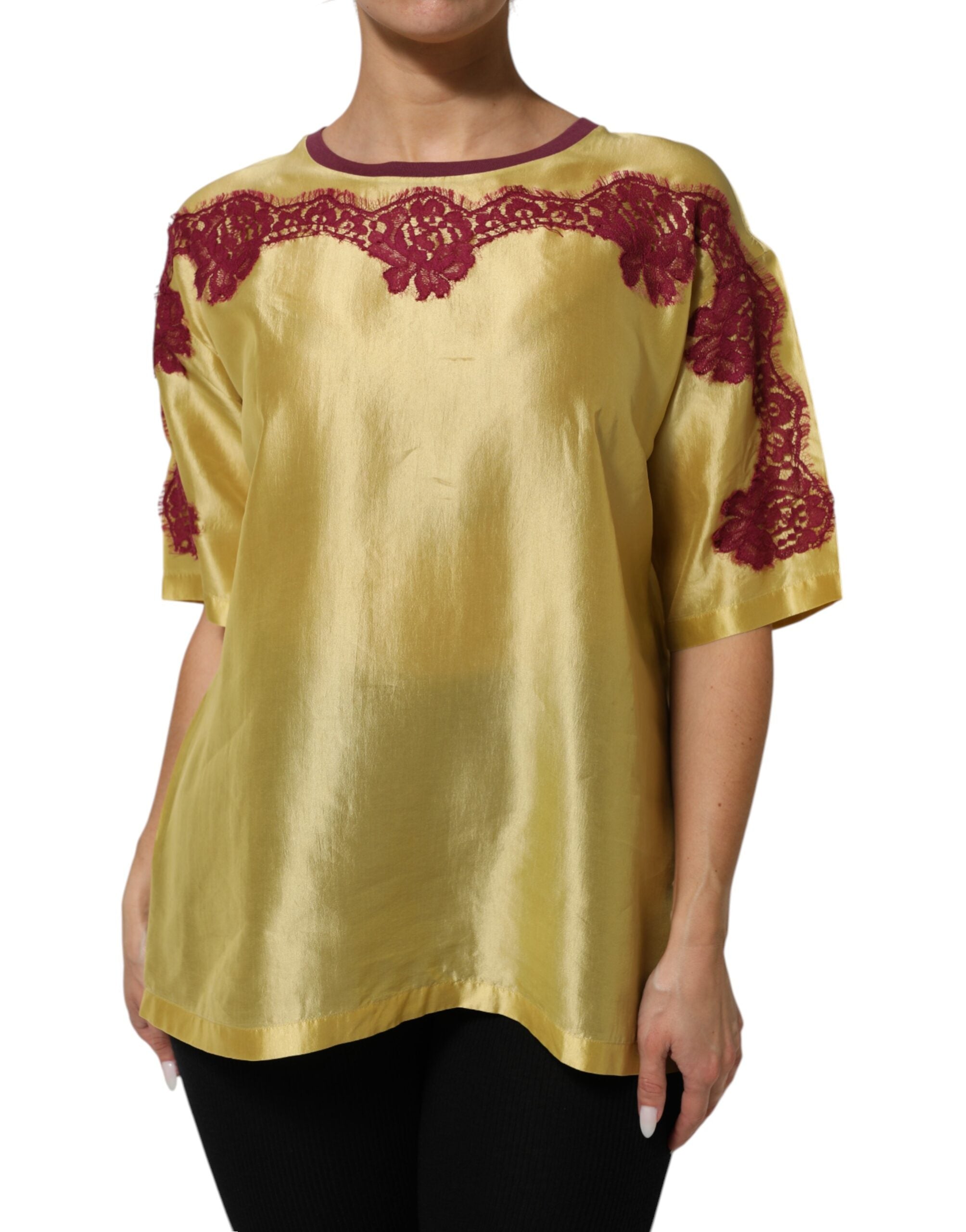 Dolce &amp; Gabbana Gul Silke Satin Blomsterblonde Kortærmet Top