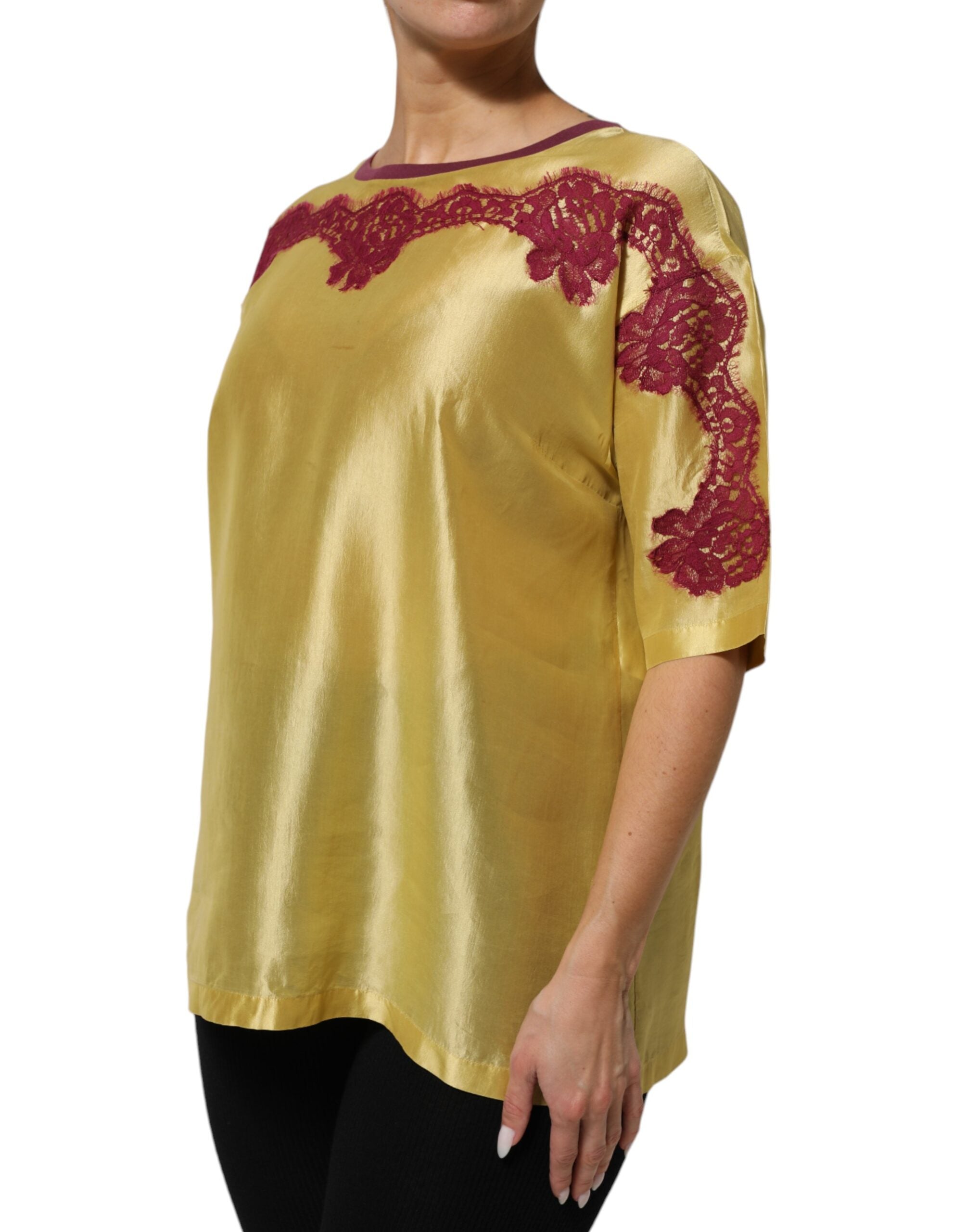 Dolce &amp; Gabbana Gul Silke Satin Blomsterblonde Kortærmet Top