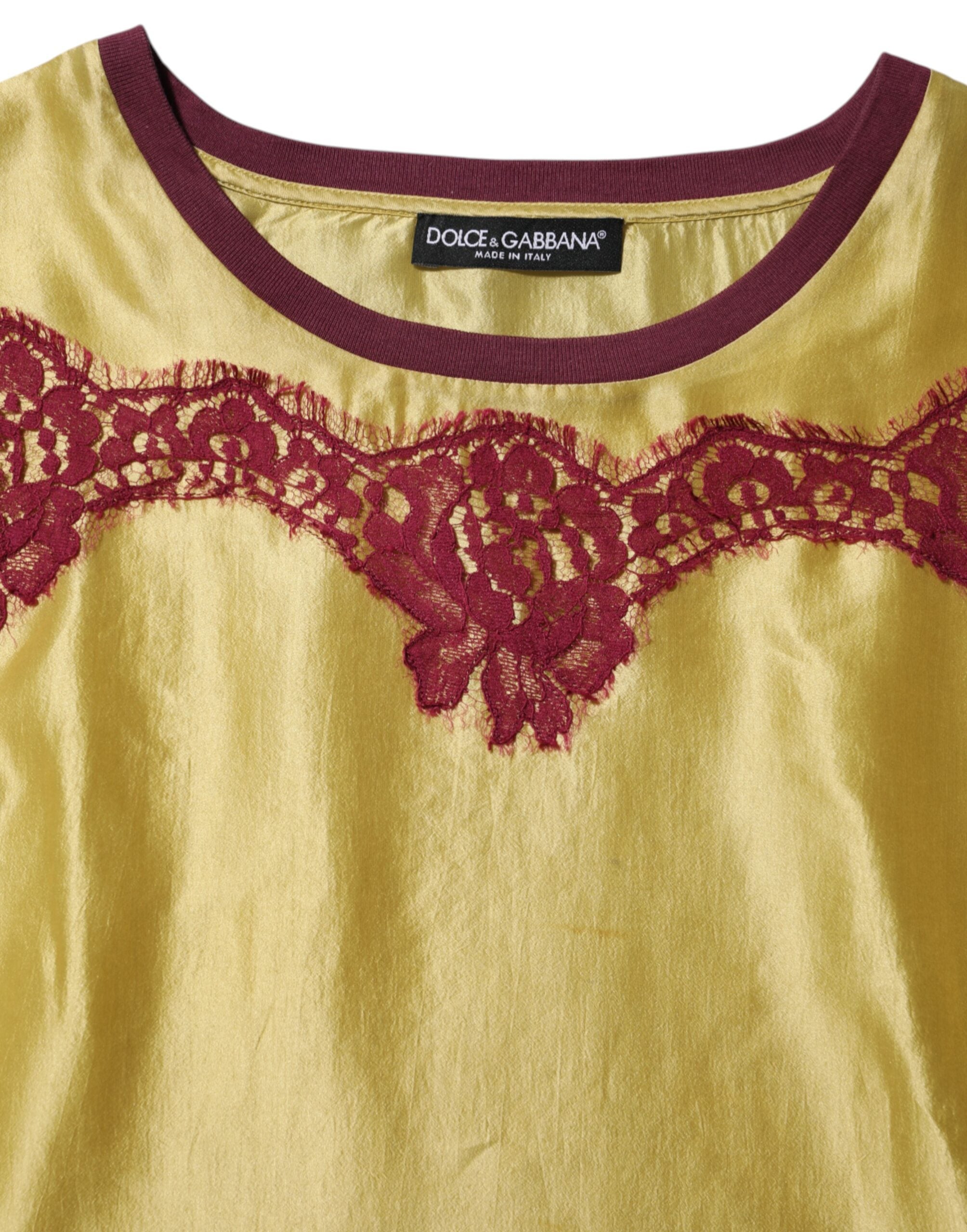 Dolce &amp; Gabbana Gul Silke Satin Blomsterblonde Kortærmet Top