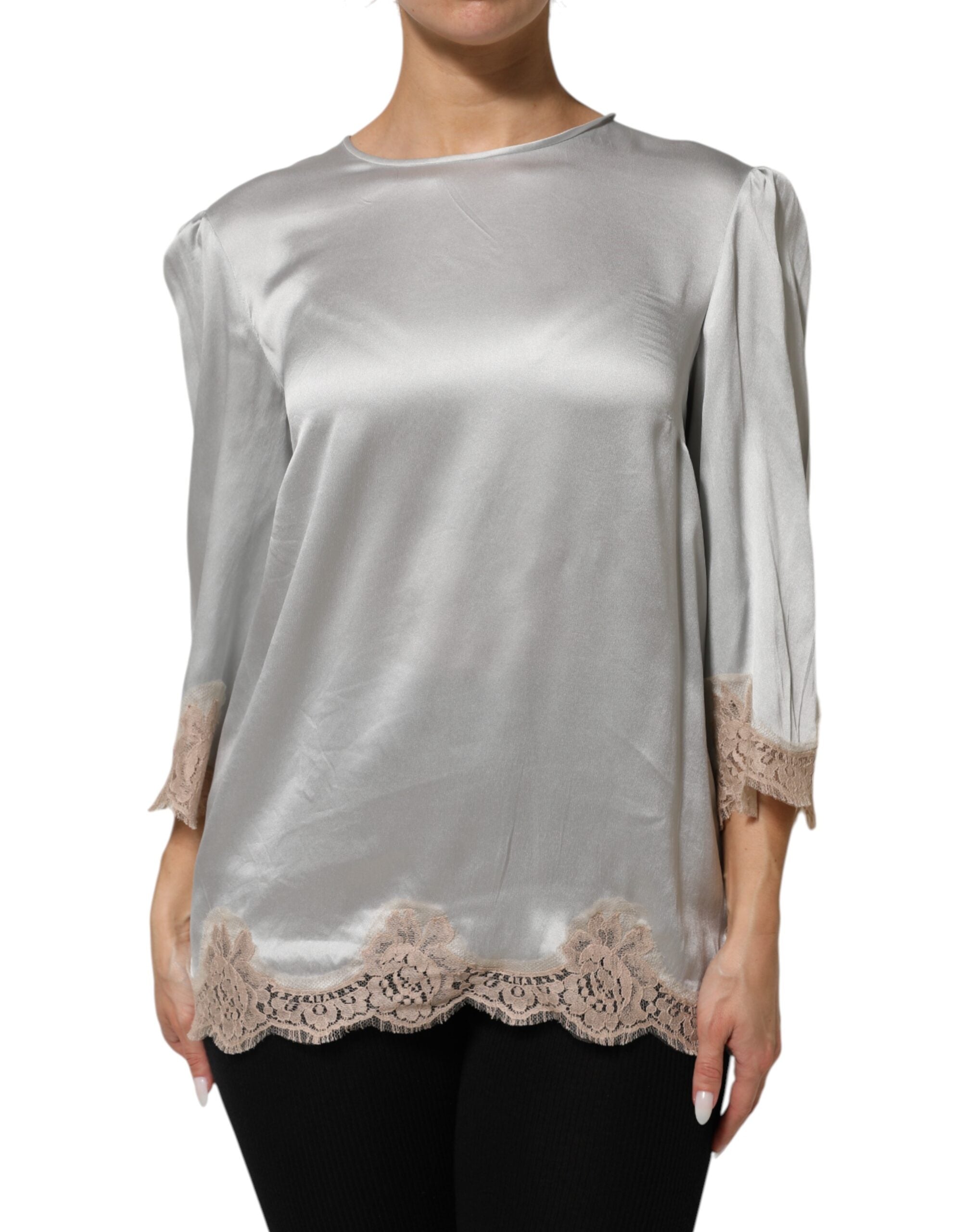 Dolce &amp; Gabbana Grå Siden Satin Blommig Spets Långärmad Topp