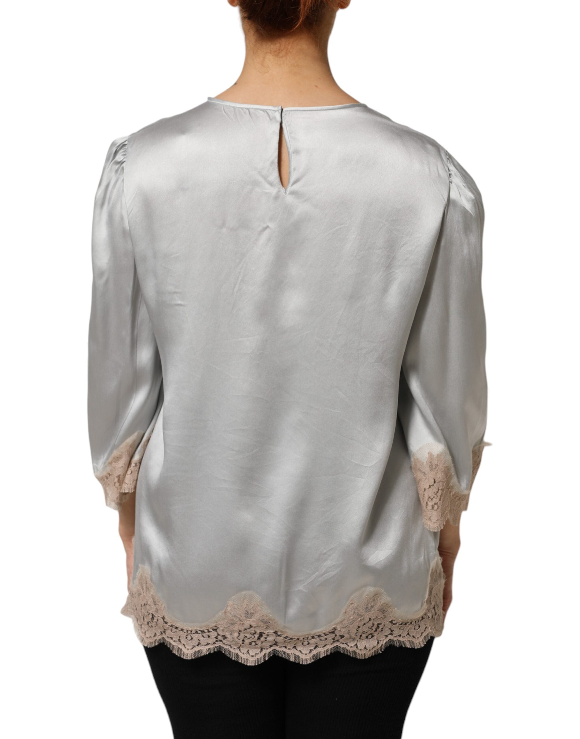 Dolce &amp; Gabbana Grå Siden Satin Blommig Spets Långärmad Topp