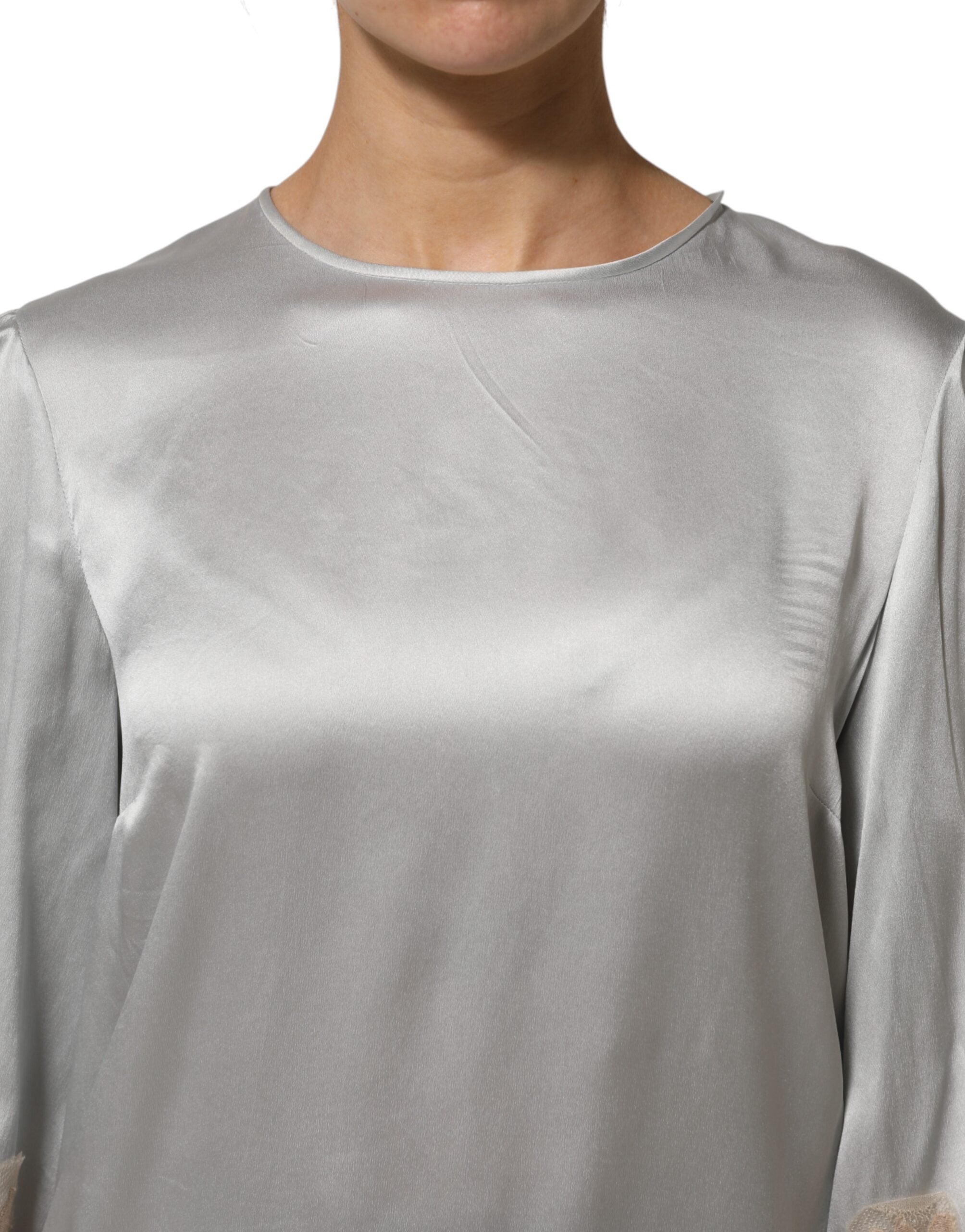 Dolce &amp; Gabbana Grå Siden Satin Blommig Spets Långärmad Topp