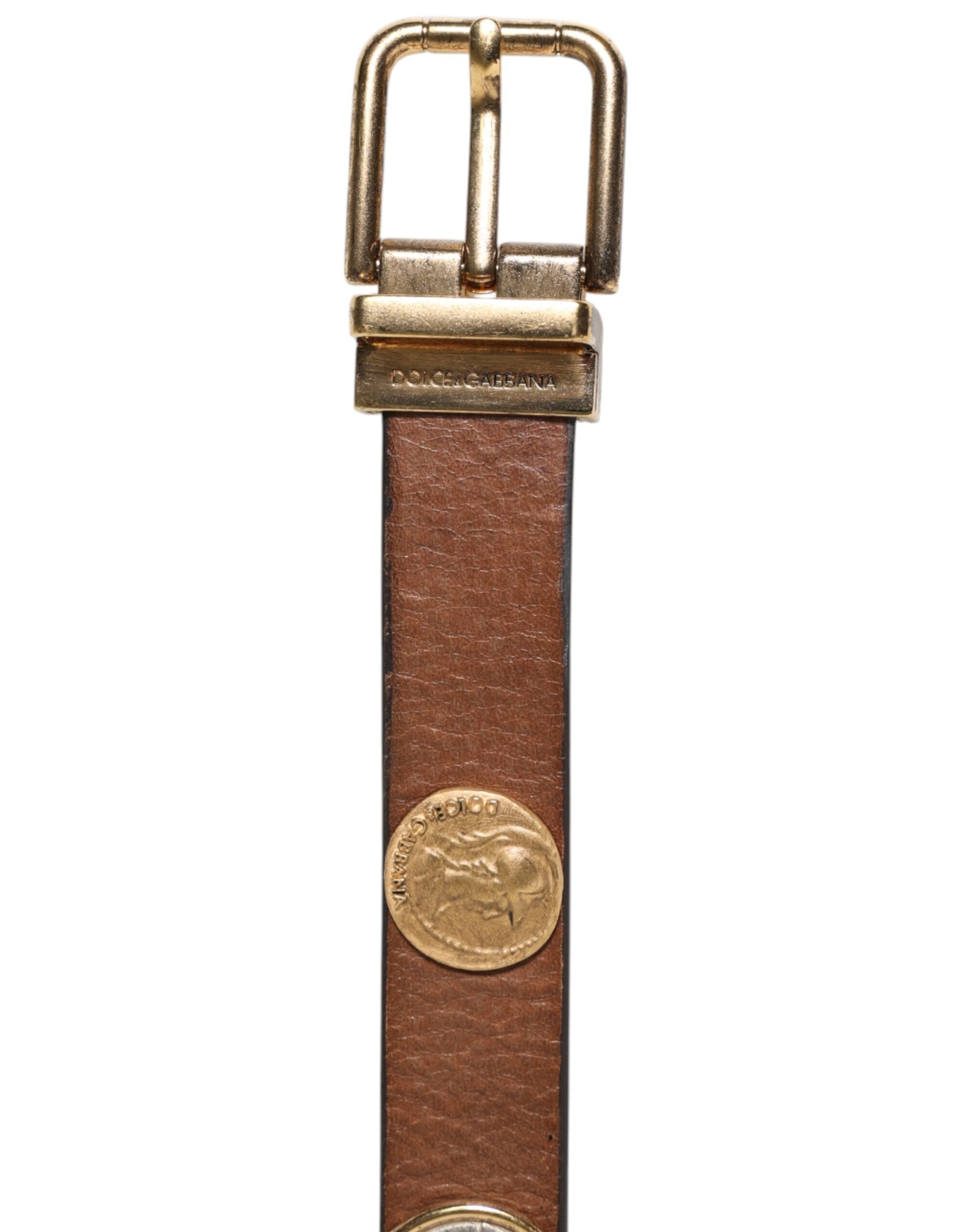 Dolce & Gabbana Brown Leather Gold Silver Coin Buckle Belt