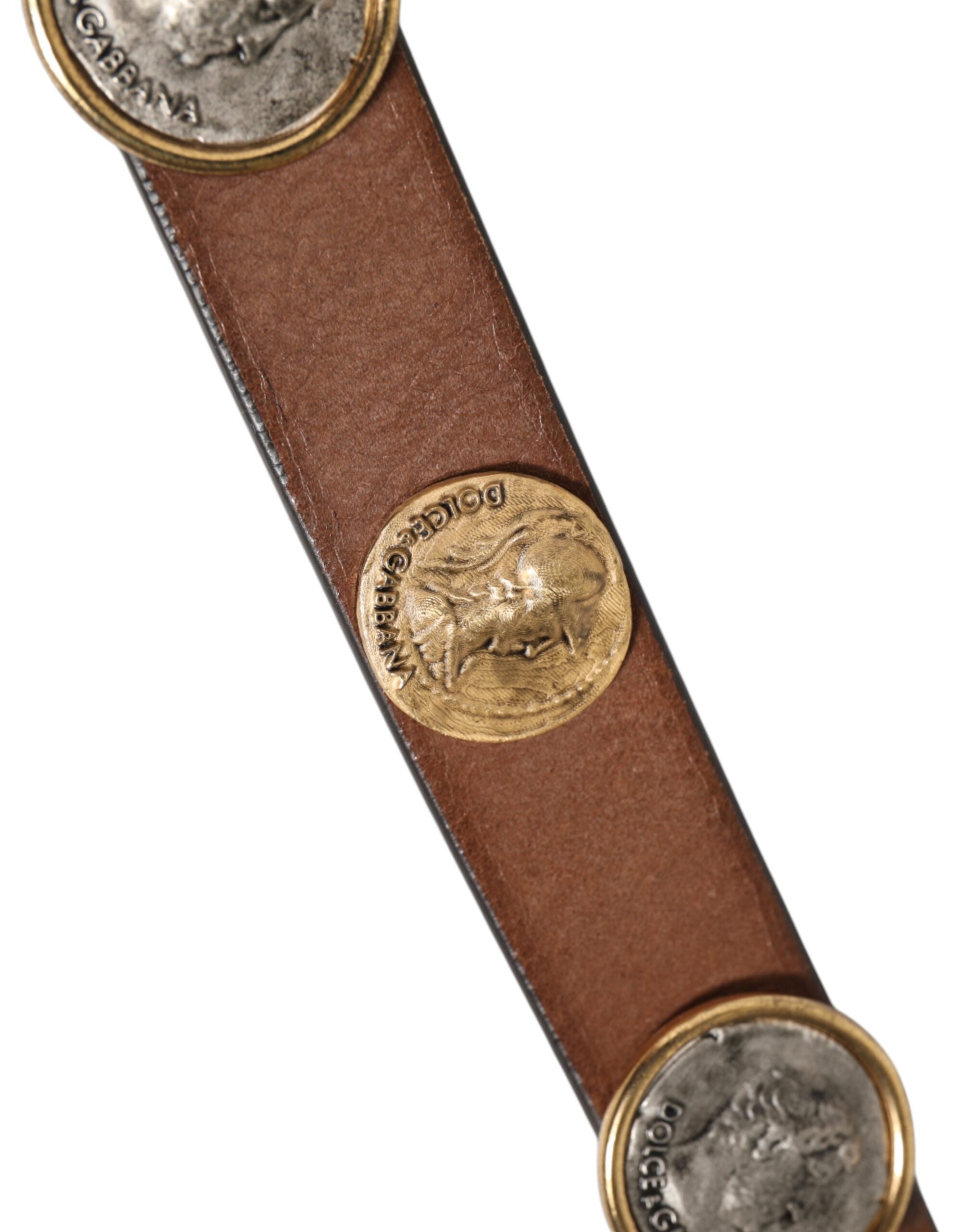 Dolce & Gabbana Brown Leather Gold Silver Coin Buckle Belt