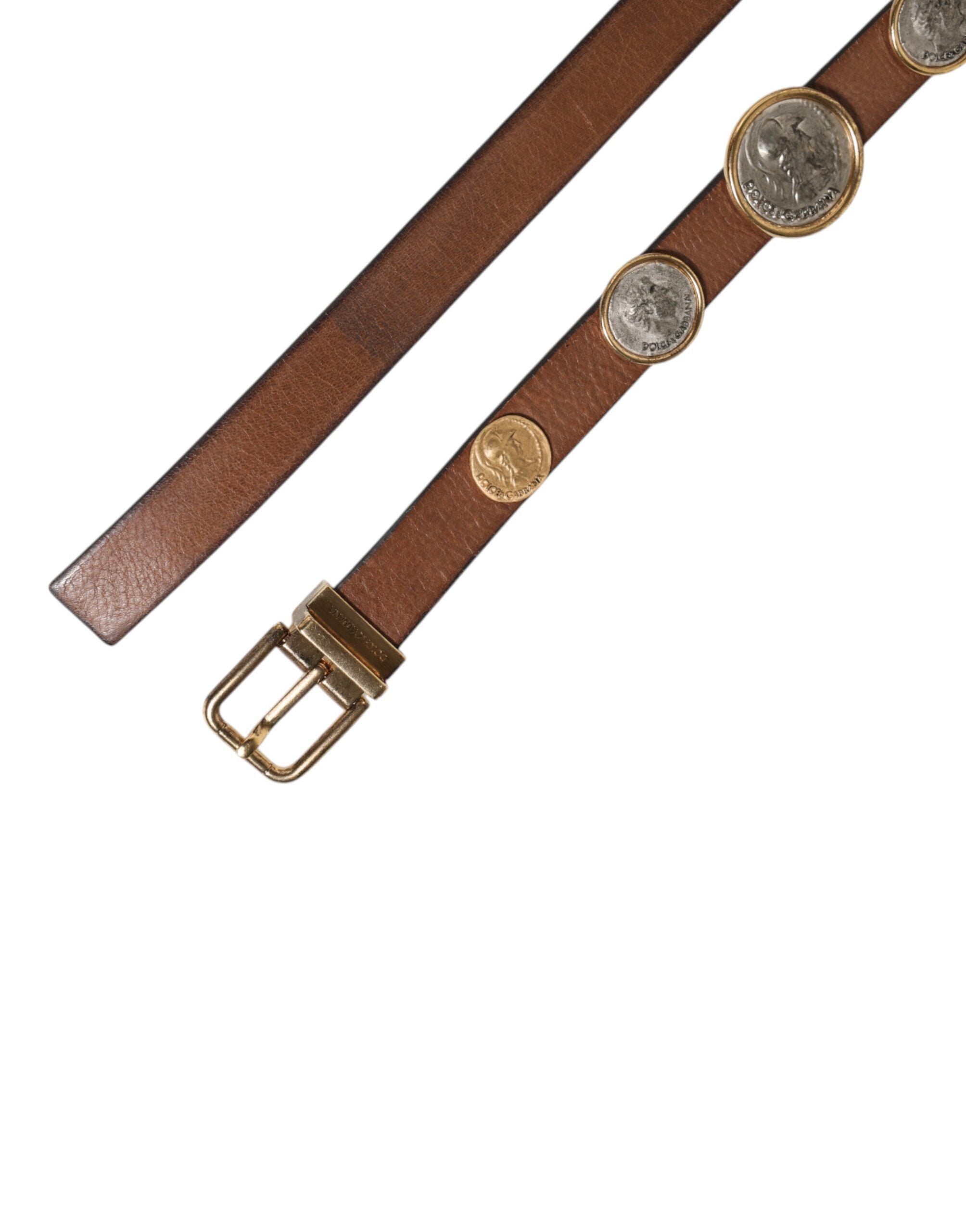 Dolce & Gabbana Brown Leather Gold Silver Coin Buckle Belt