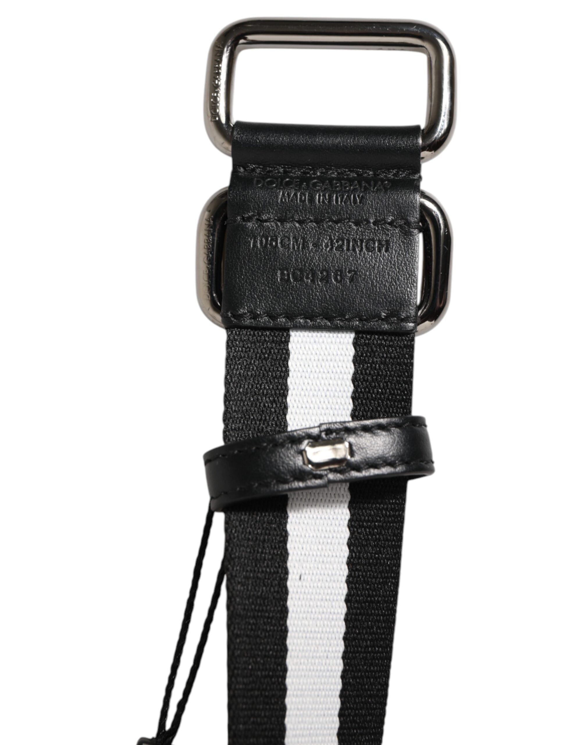 Dolce &amp; Gabbana bælte med sort og hvidt stribet logo og metalspænde