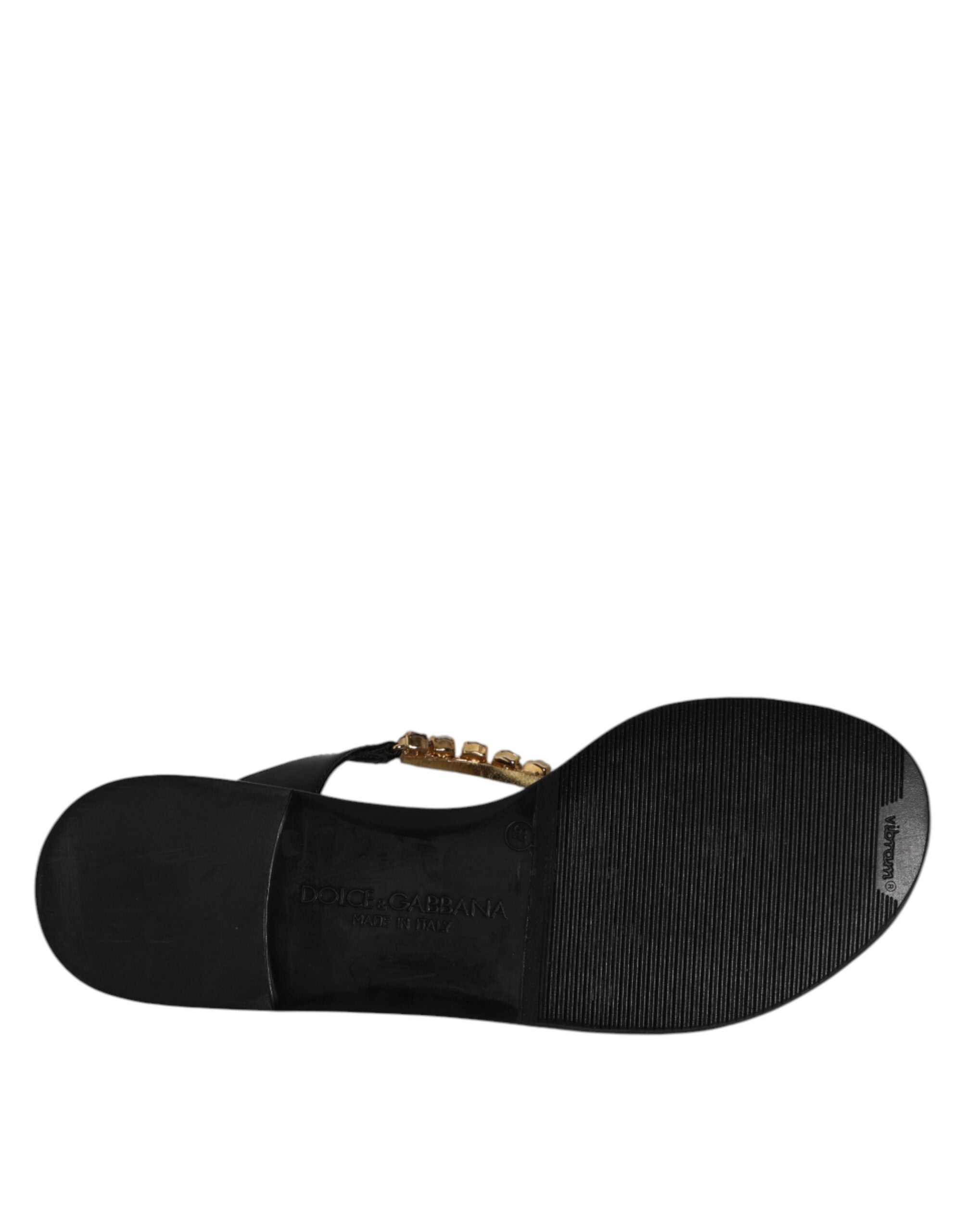 Dolce & Gabbana Black Crystals Flats Sandals Beachwear Shoes