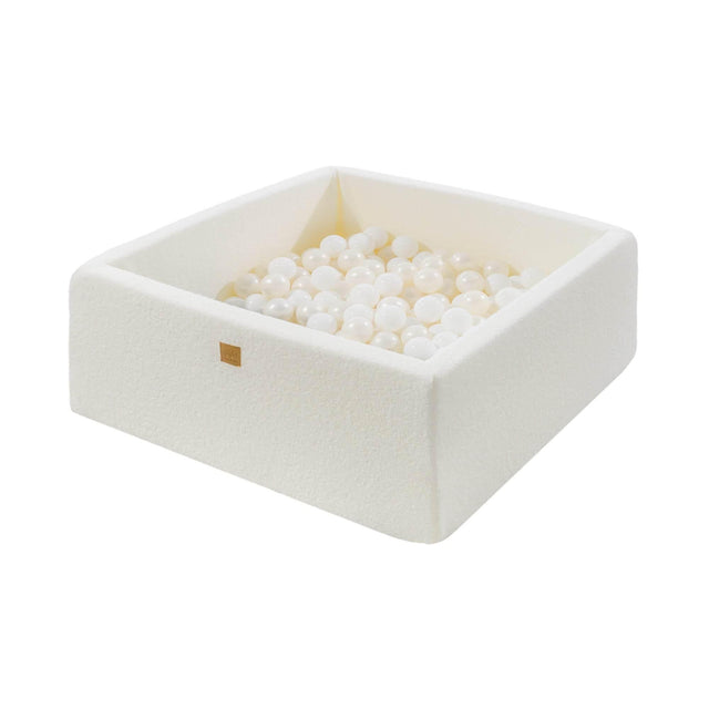 MeowBaby® Boucle White Square Ball Pit 90x90x40cm – 200 White Pearl Balls, Made in Europe, Washable Cover & Anti-Allergic Foam - Hilstor