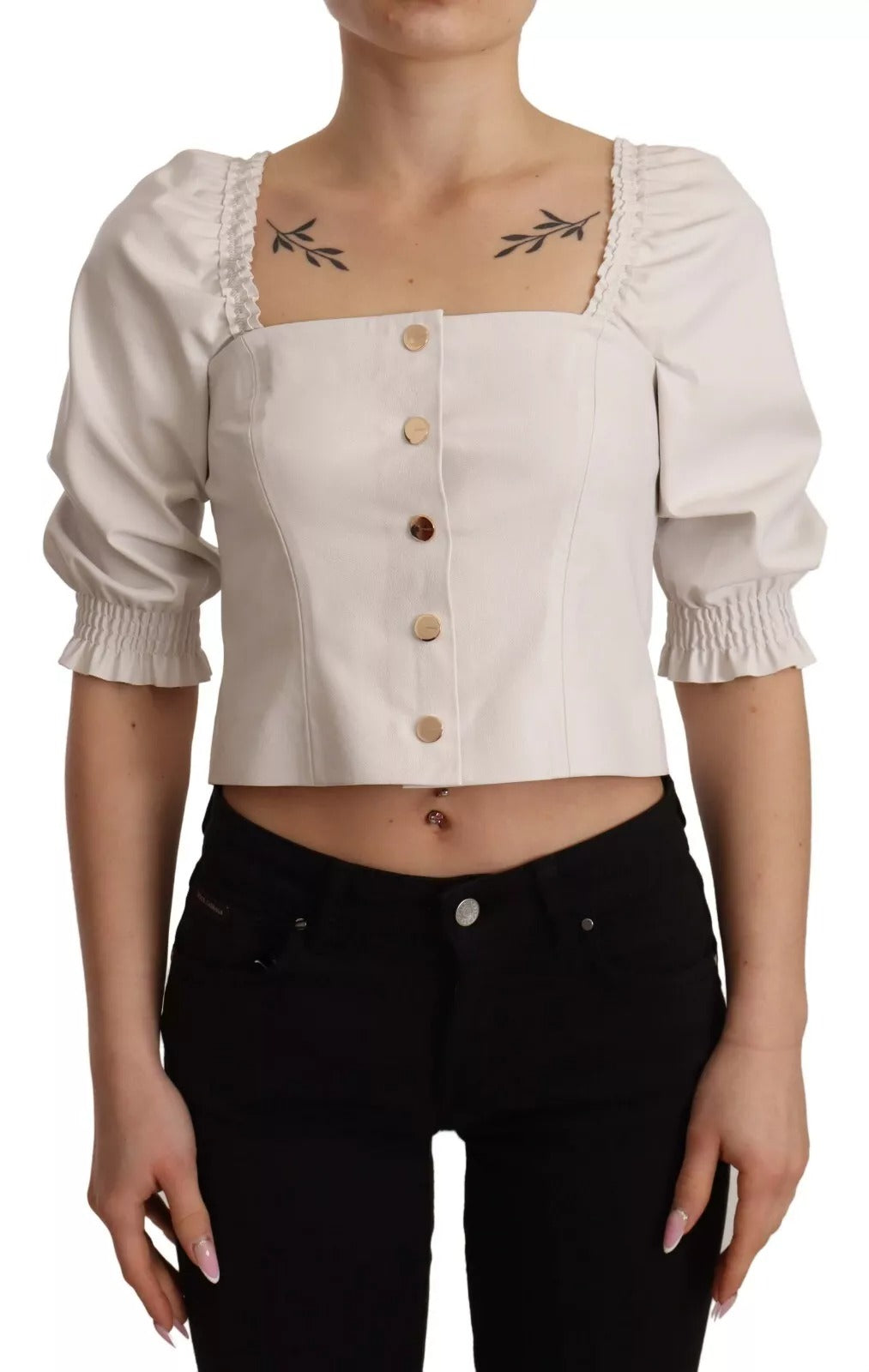 PINKO White Square Neck Button Down Crop Blouse