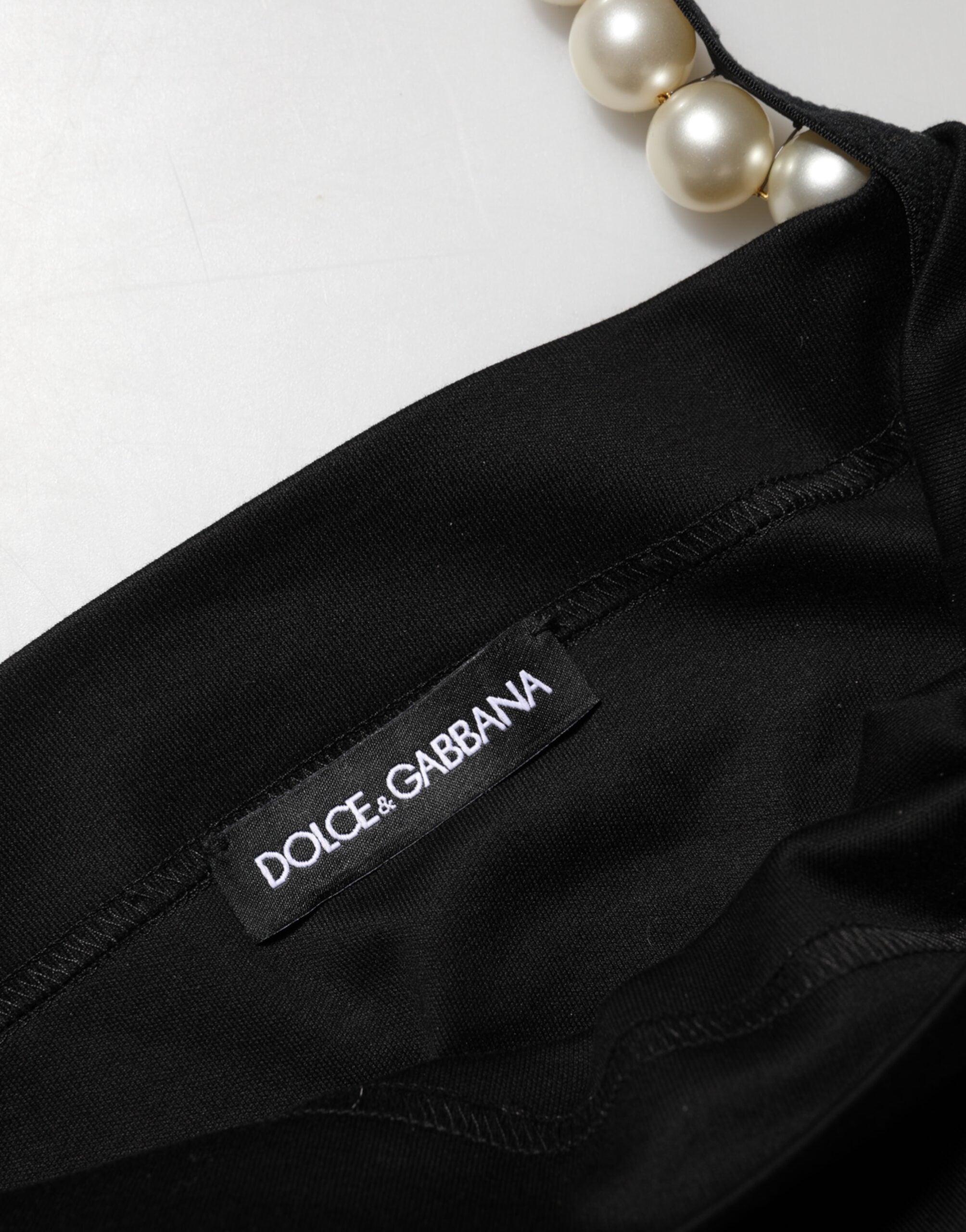 Dolce &amp; Gabbana Sort Minikjole i Bomuld med Imiteret Perlemotiv