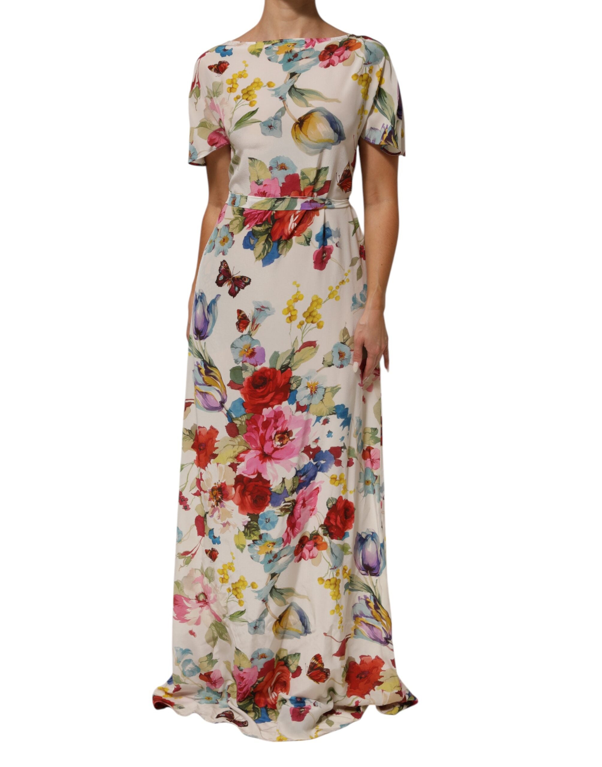 Dolce &amp; Gabbana Hvid Blomsterprint Silkekjole med Skede og Langærmet Hals