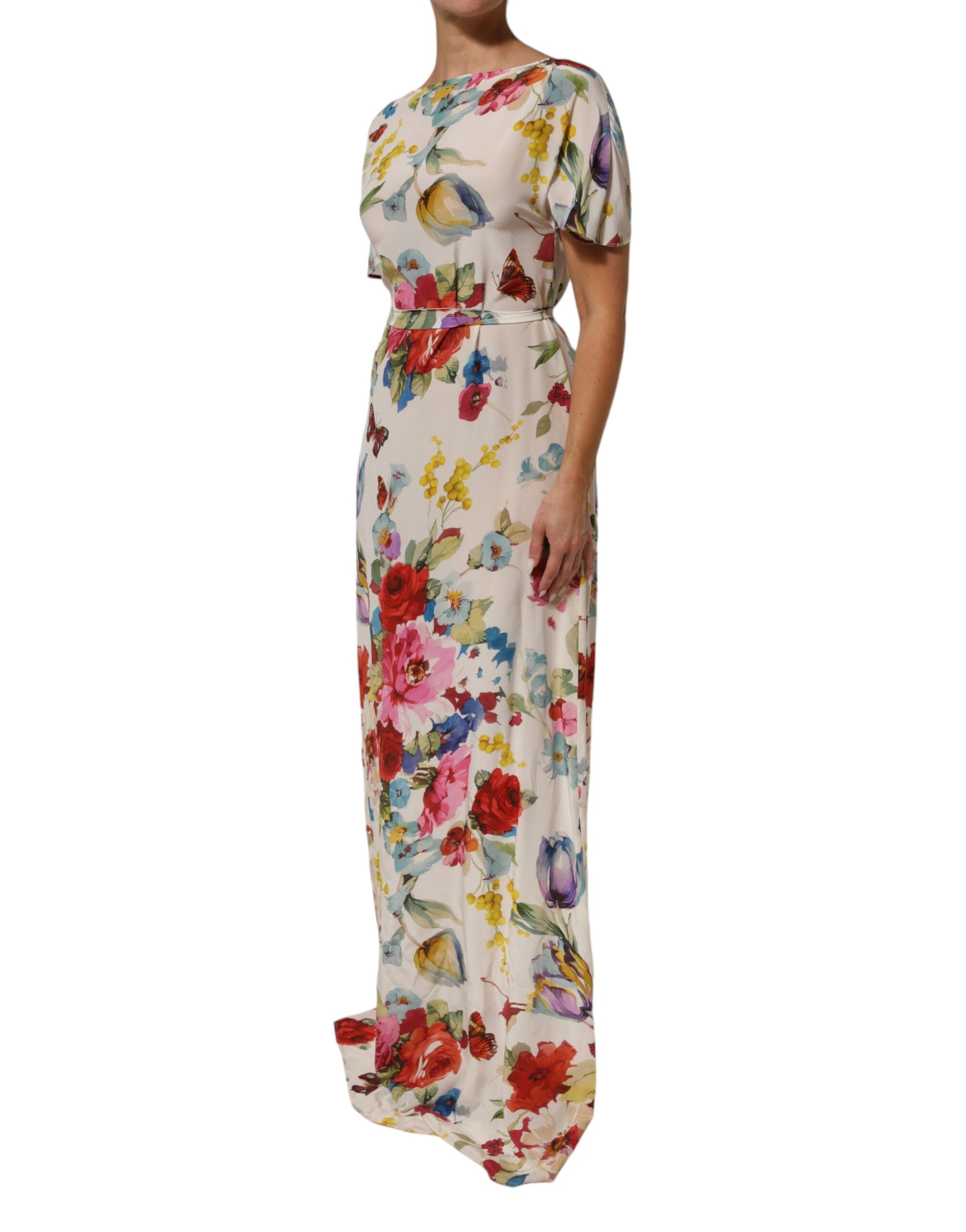 Dolce &amp; Gabbana Hvid Blomsterprint Silkekjole med Skede og Langærmet Hals