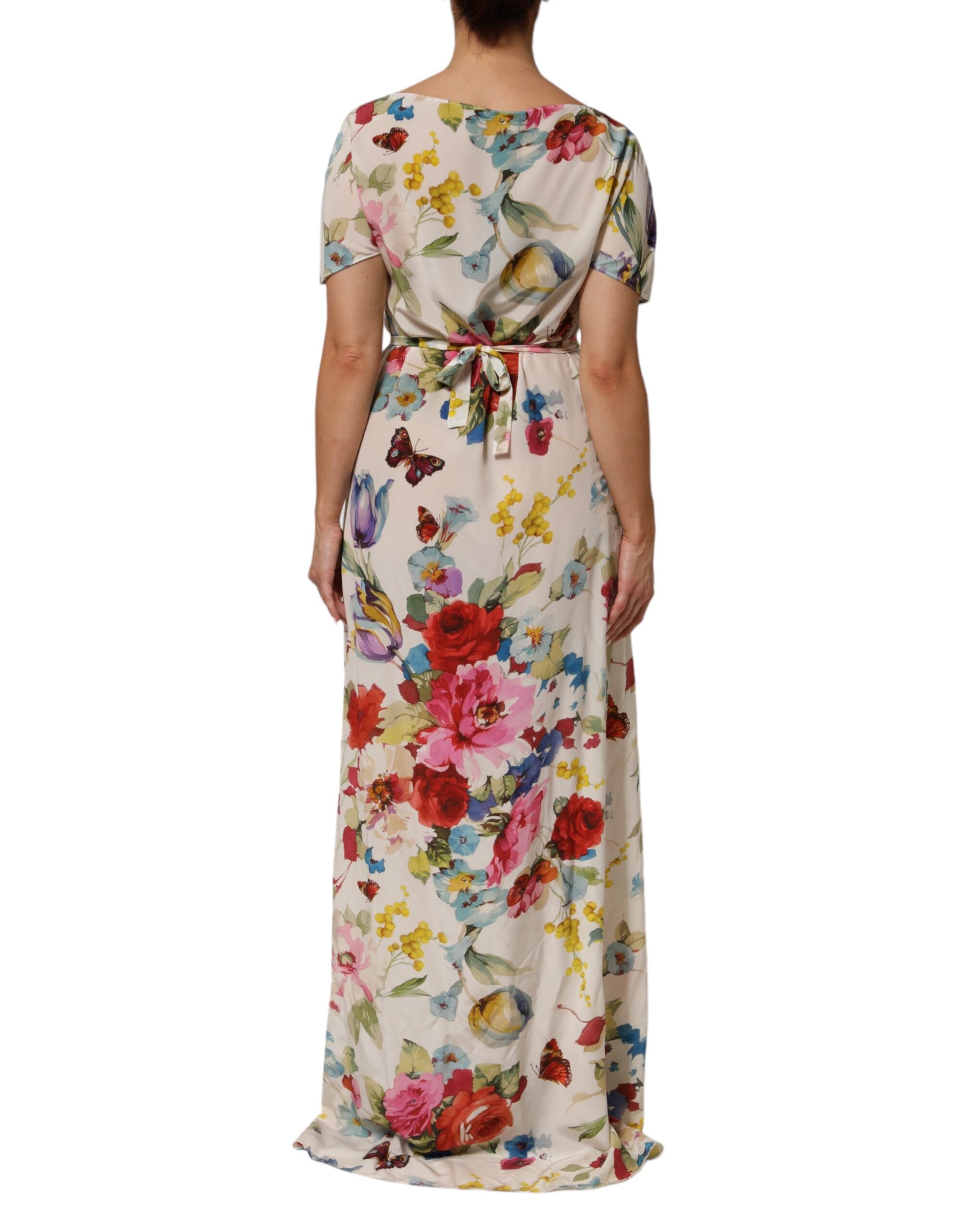 Dolce &amp; Gabbana Hvid Blomsterprint Silkekjole med Skede og Langærmet Hals