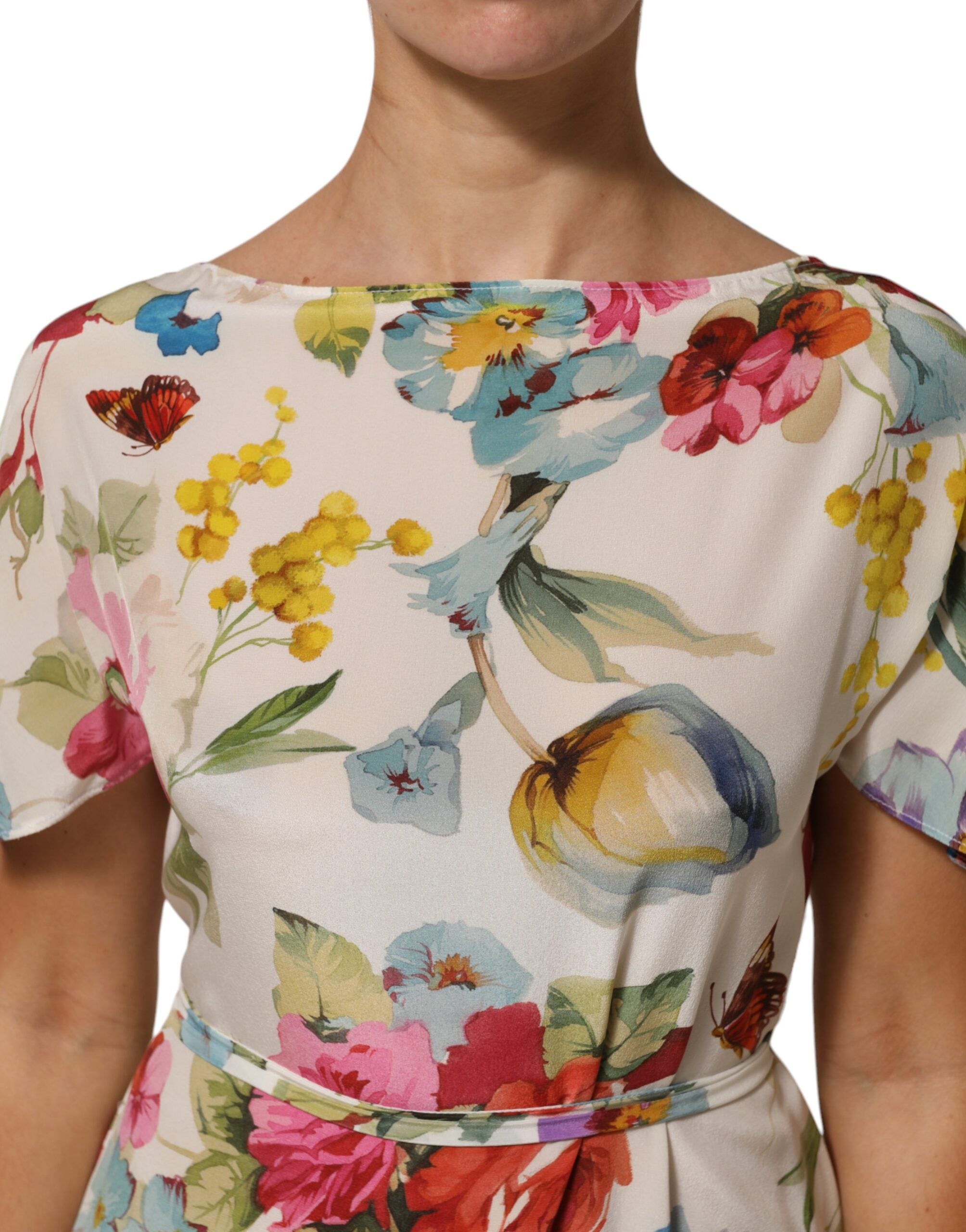 Dolce &amp; Gabbana Hvid Blomsterprint Silkekjole med Skede og Langærmet Hals
