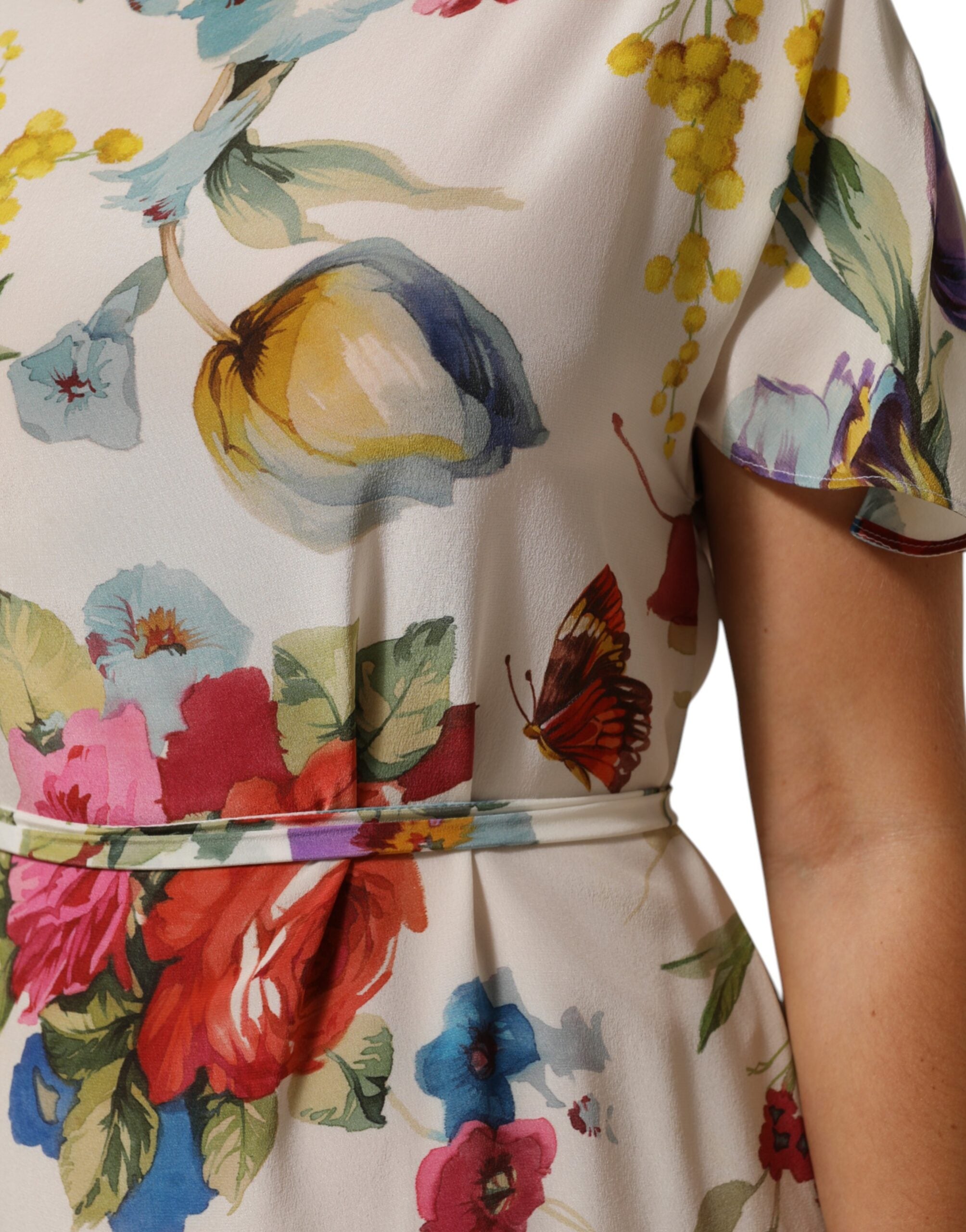 Dolce &amp; Gabbana Hvid Blomsterprint Silkekjole med Skede og Langærmet Hals