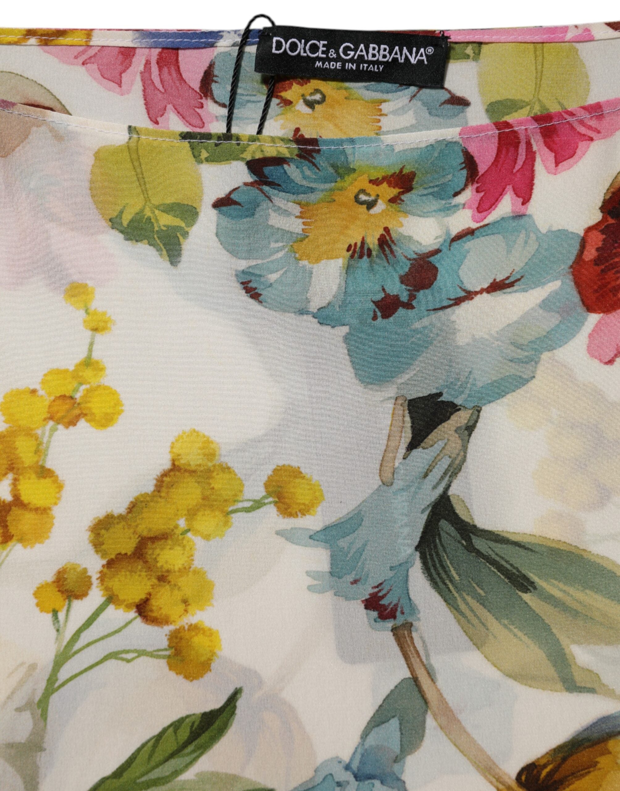 Dolce &amp; Gabbana Hvid Blomsterprint Silkekjole med Skede og Langærmet Hals