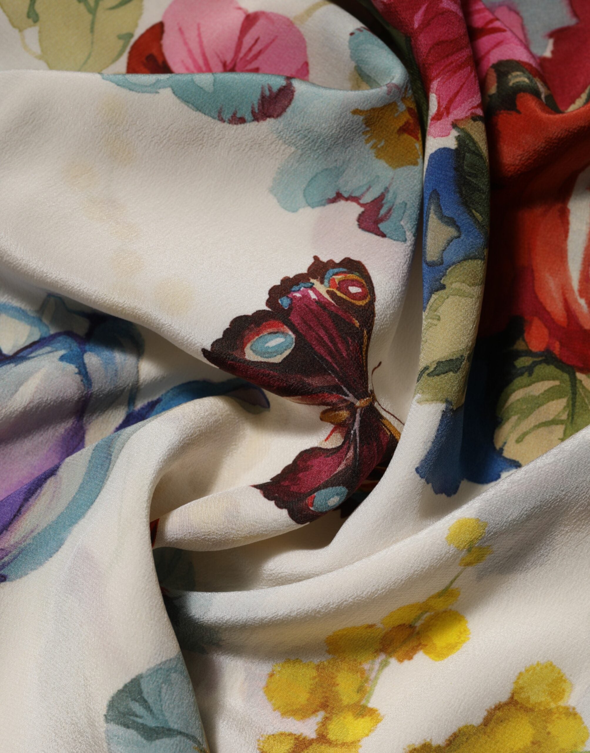 Dolce &amp; Gabbana Hvid Blomsterprint Silkekjole med Skede og Langærmet Hals