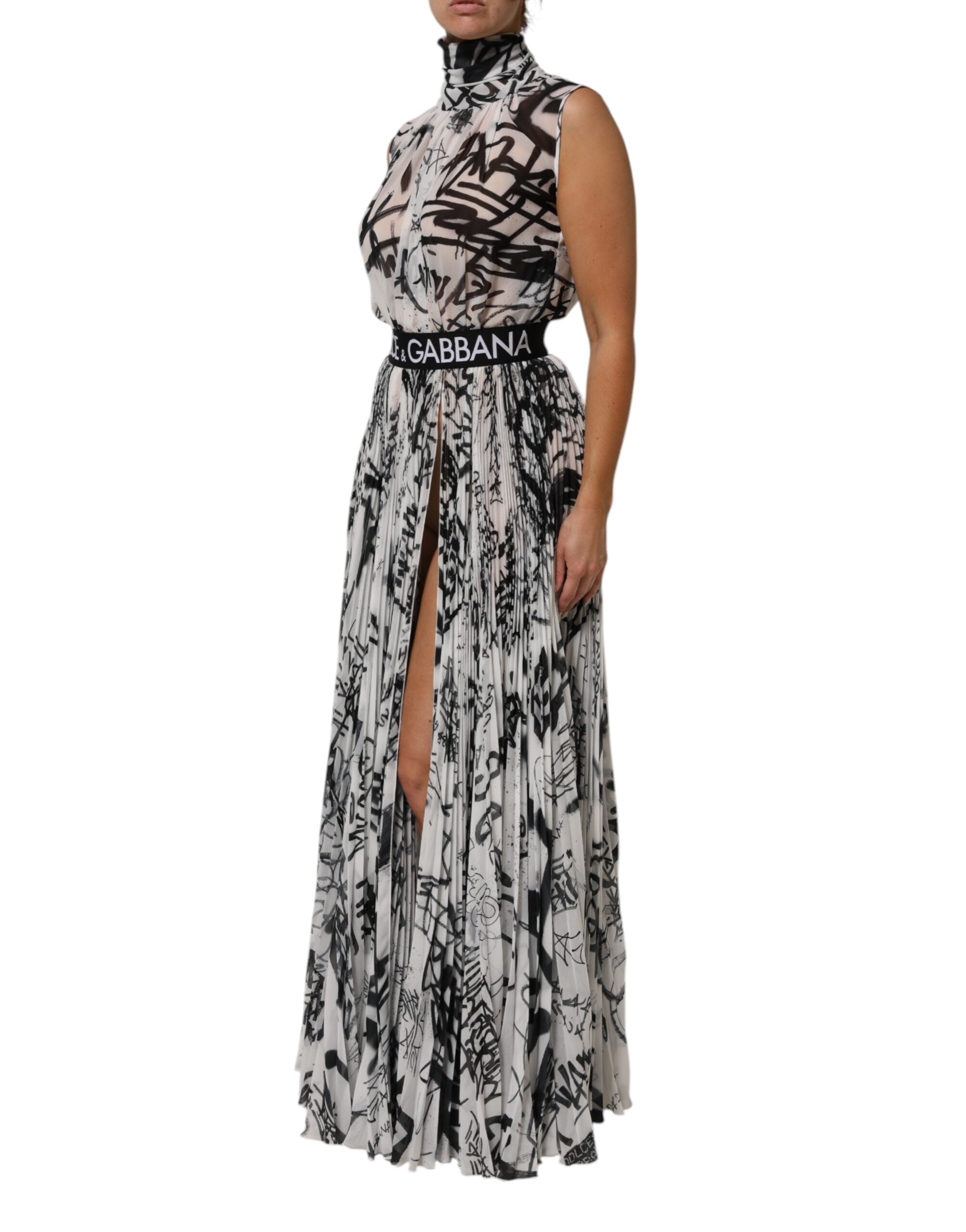 Dolce & Gabbana Black White Monogram Pleated Long Gown Dress