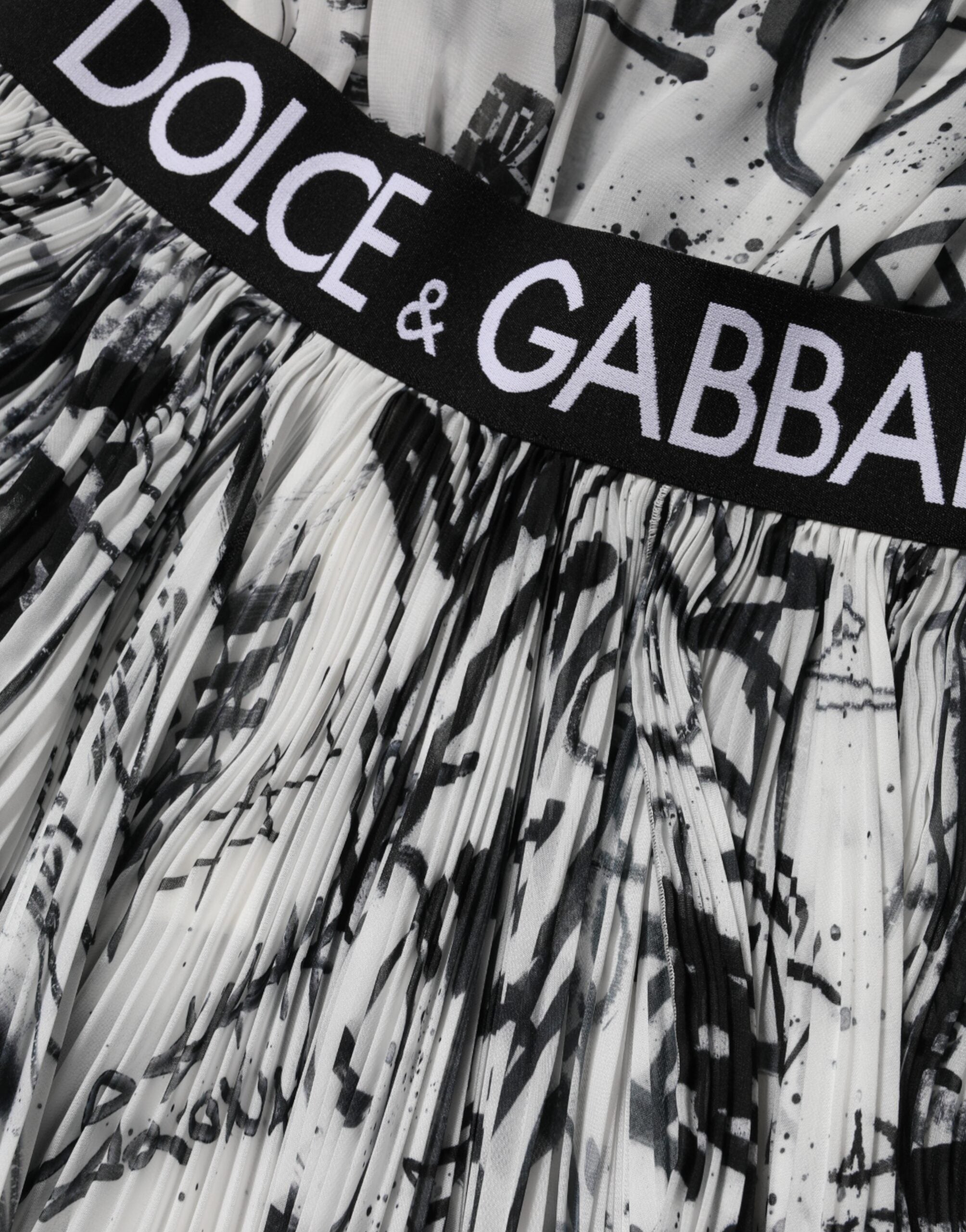 Dolce & Gabbana Black White Monogram Pleated Long Gown Dress