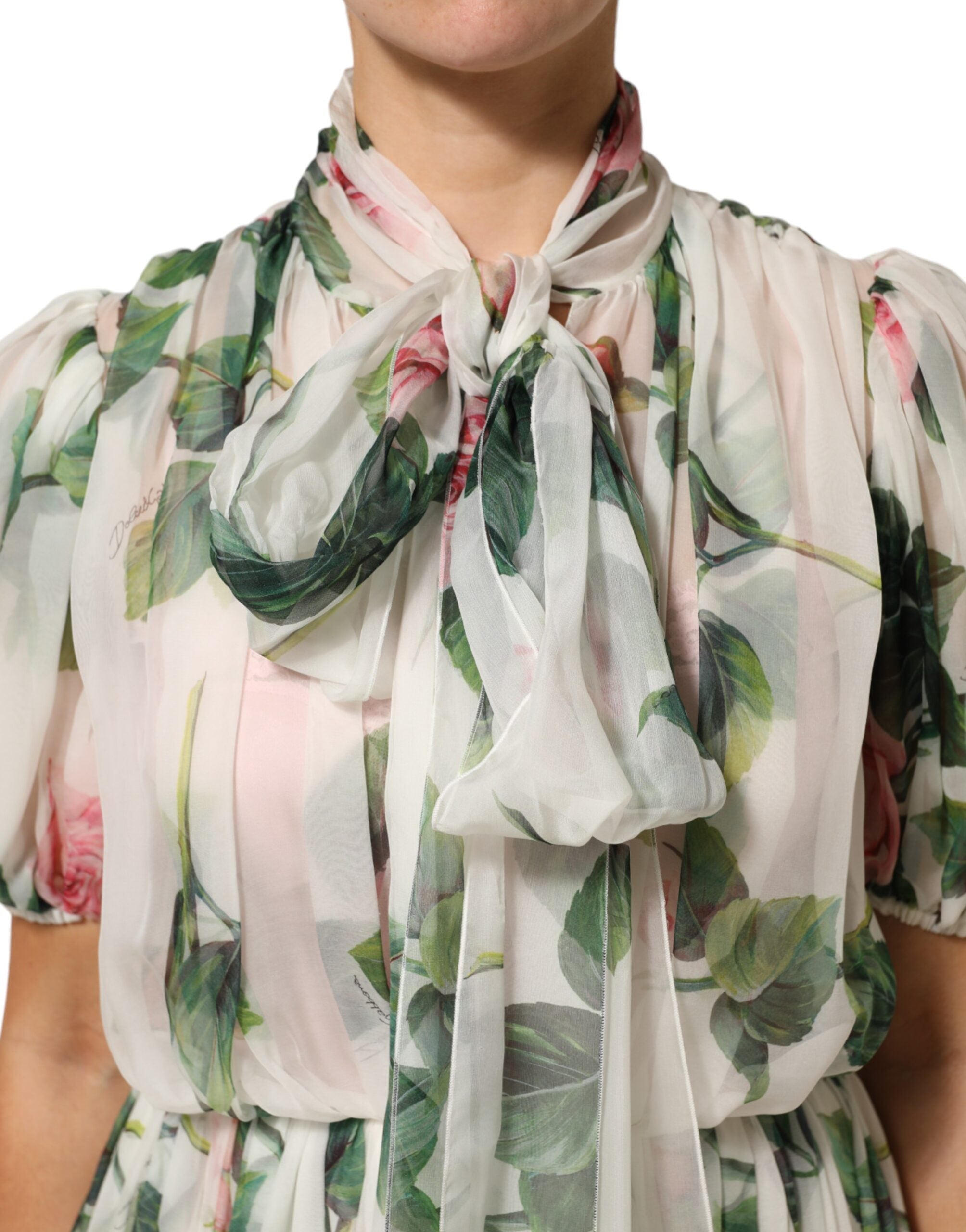 Dolce & Gabbana White Floral Print Silk Pleated Midi Dress