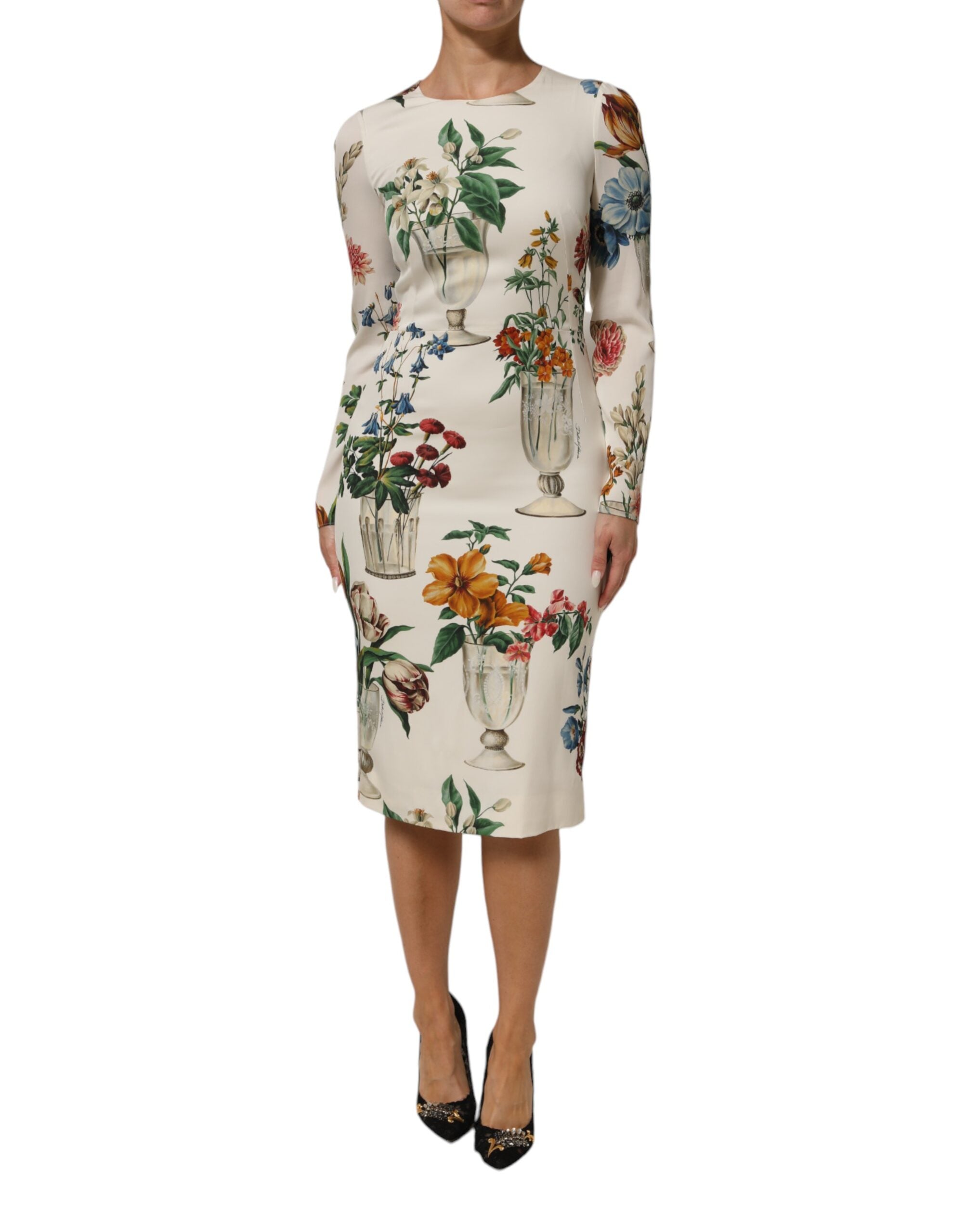 Dolce &amp; Gabbana Hvid Blomstervase Silke Midikjole