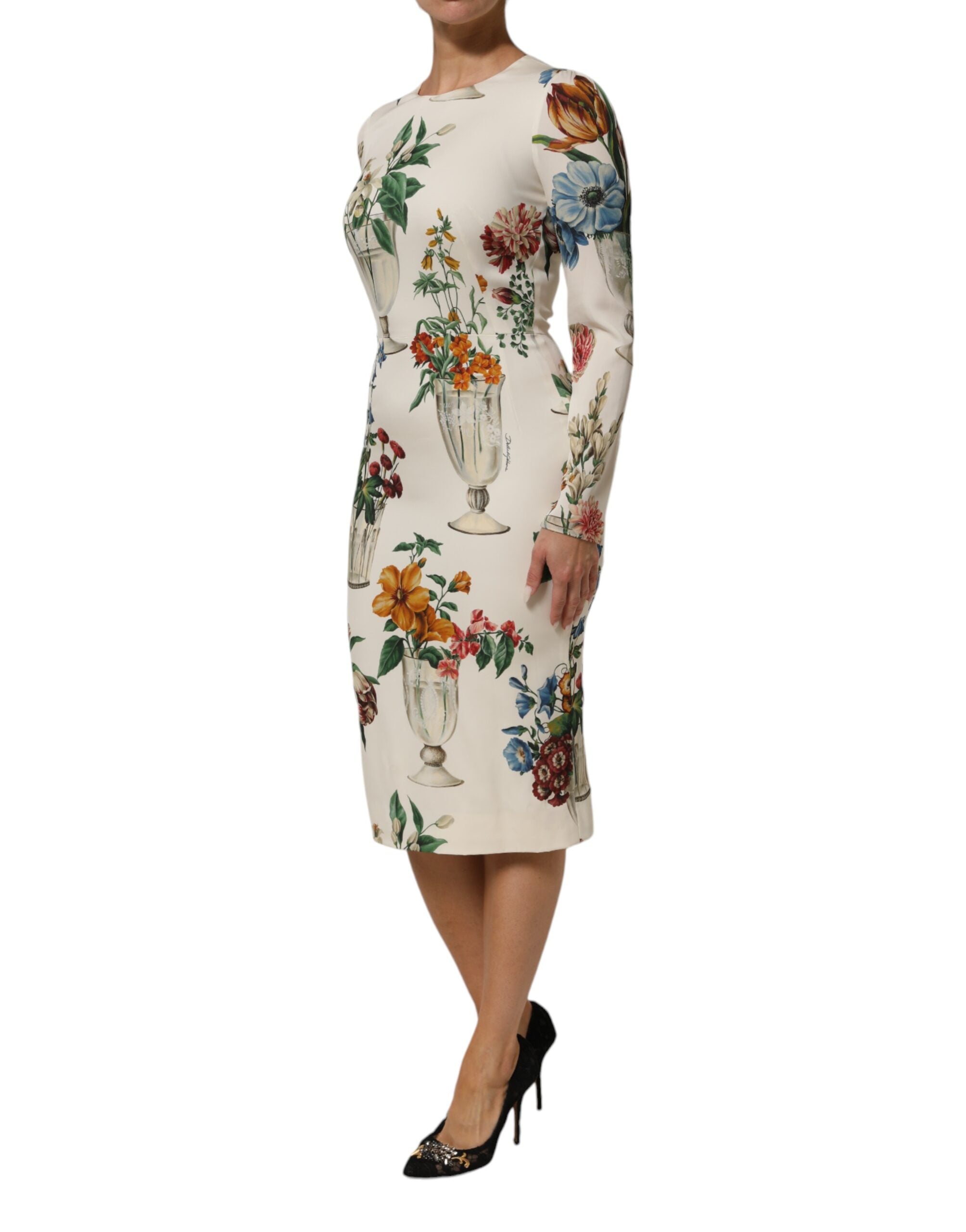 Dolce &amp; Gabbana Hvid Blomstervase Silke Midikjole