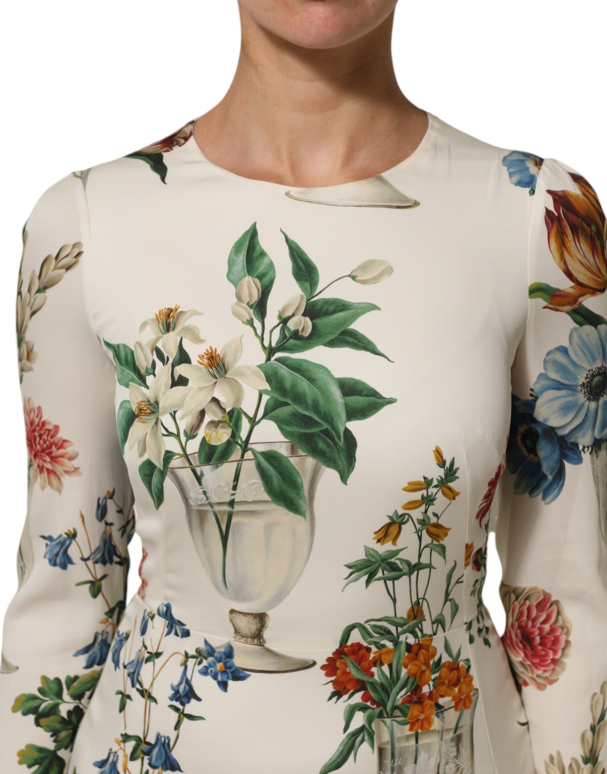 Dolce &amp; Gabbana Hvid Blomstervase Silke Midikjole