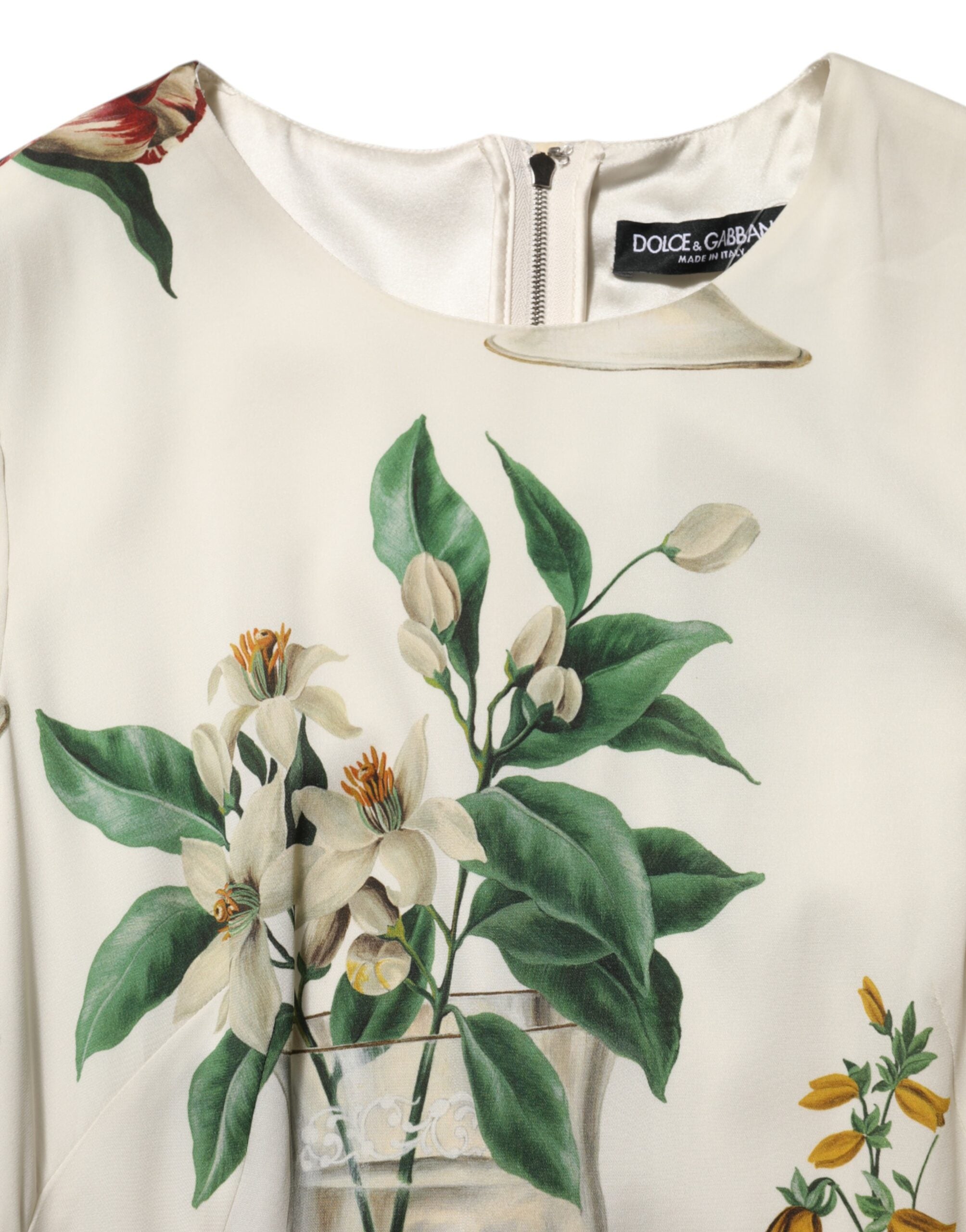 Dolce &amp; Gabbana Hvid Blomstervase Silke Midikjole