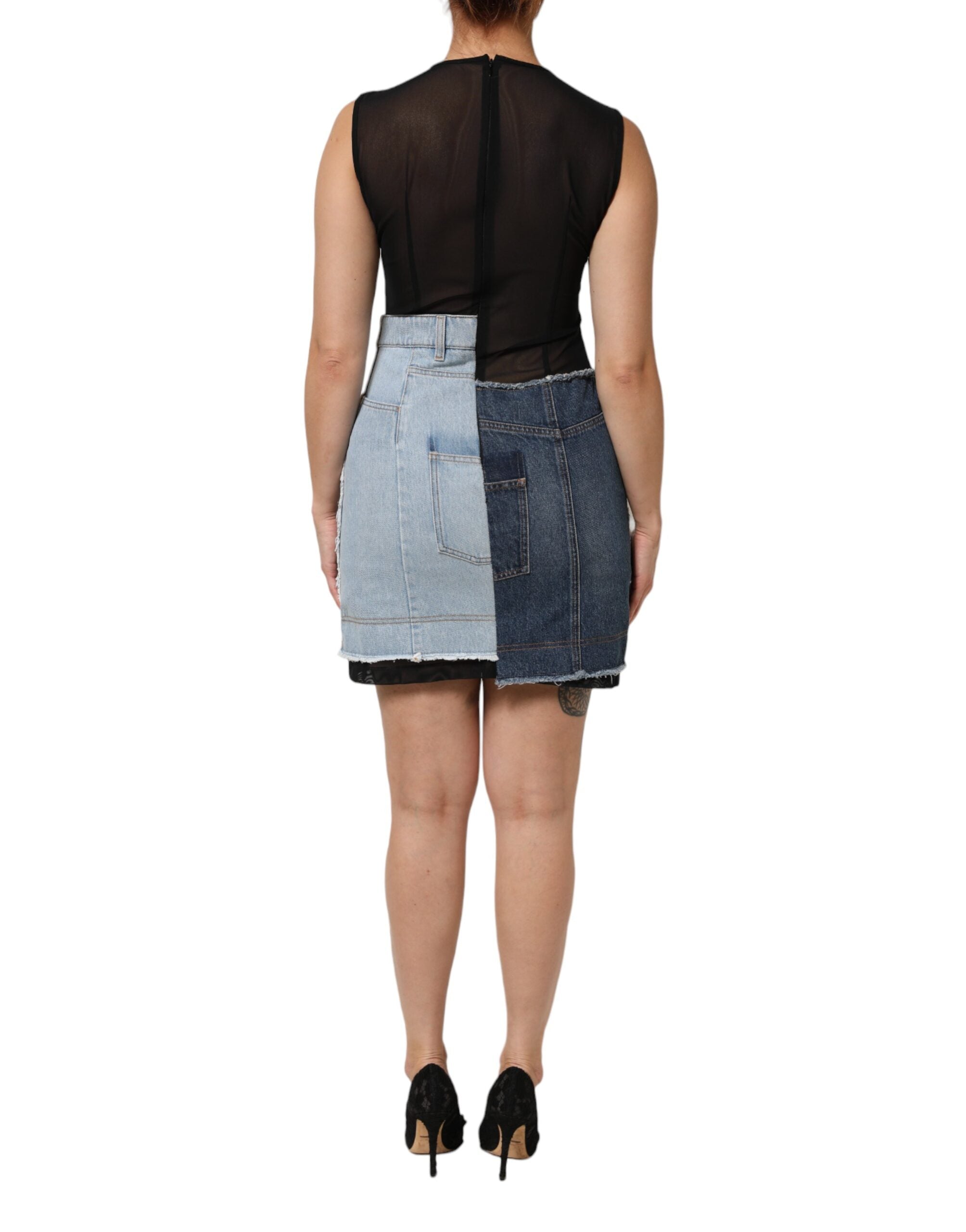 Dolce &amp; Gabbana Blå Nylon Patchwork Denim Minikjole