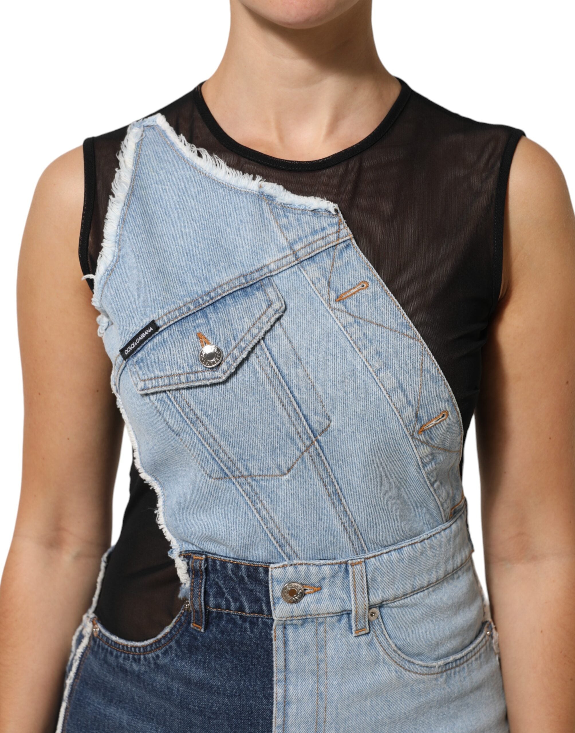 Dolce &amp; Gabbana Blå Nylon Patchwork Denim Minikjole