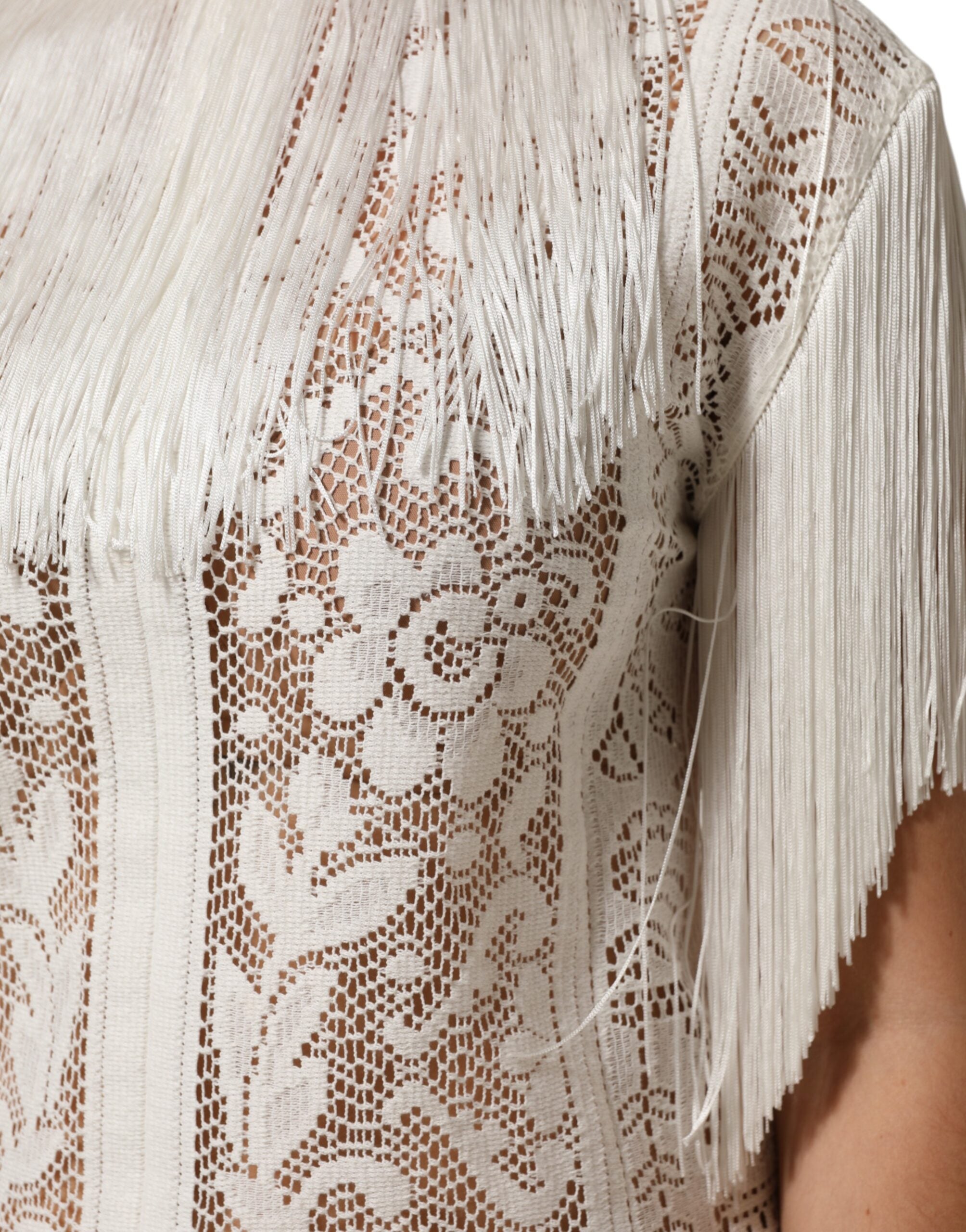 Dolce & Gabbana Hvid Blomsterkjole med Blonde og Frynser i Knælang