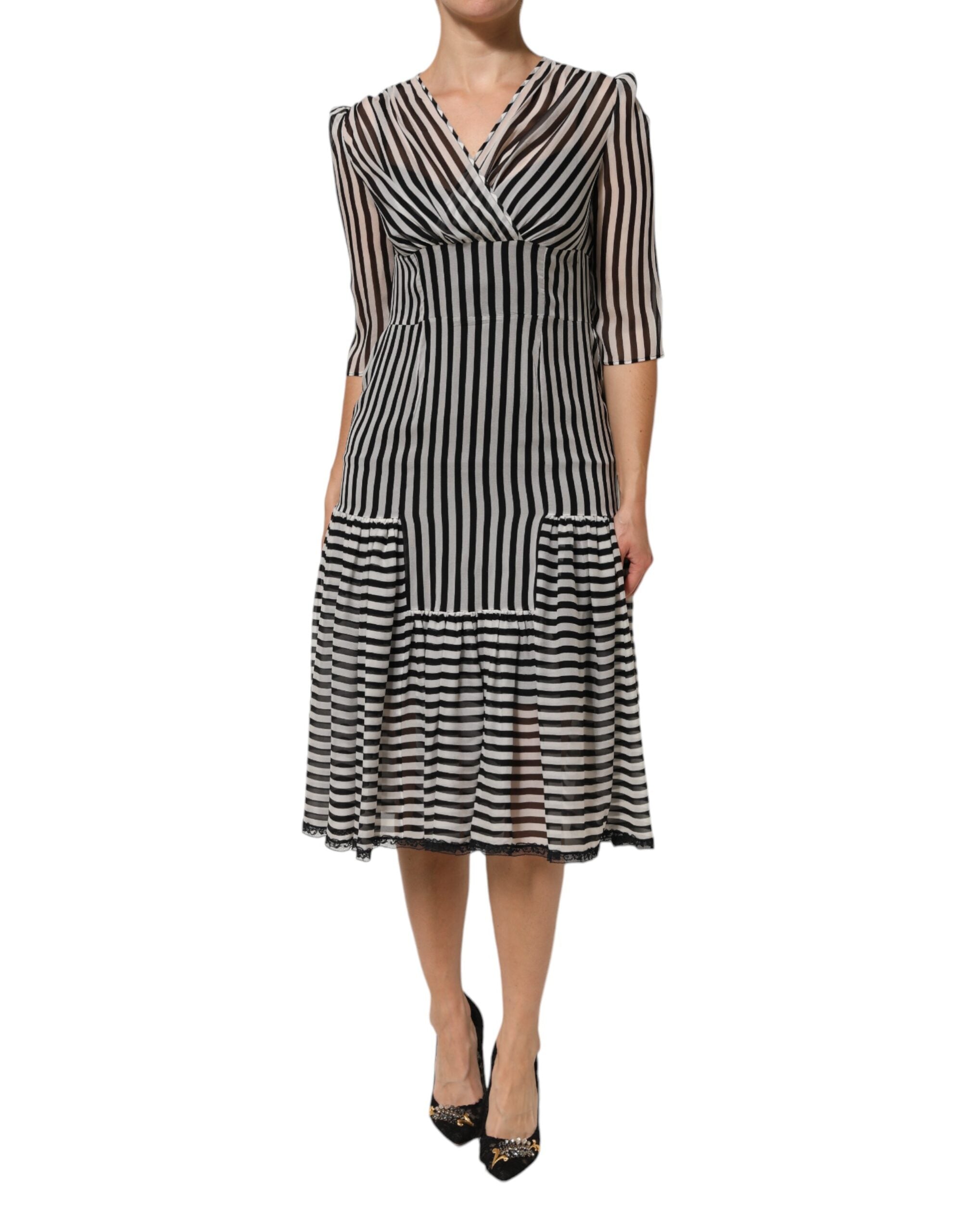 Dolce &amp; Gabbana Sorte Hvide Striber Silke Midikjole med V-hals