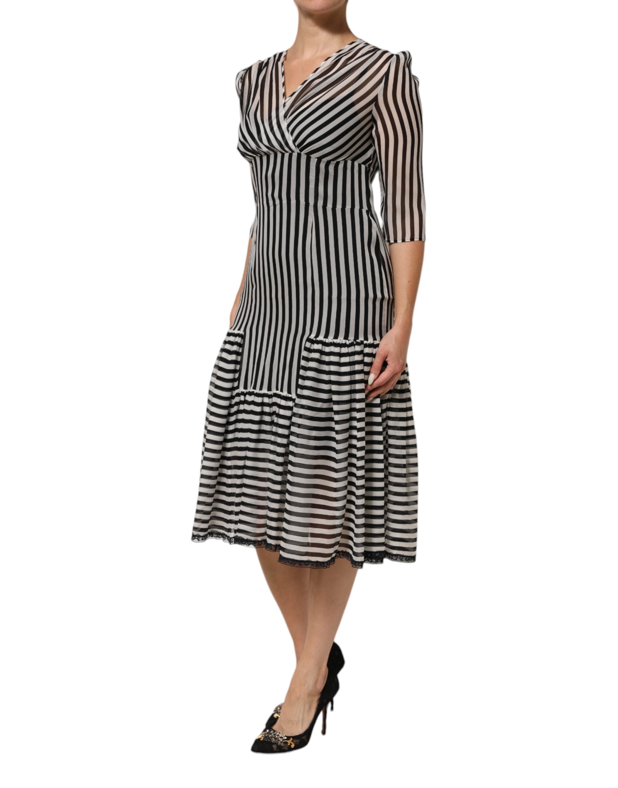 Dolce &amp; Gabbana Sorte Hvide Striber Silke Midikjole med V-hals