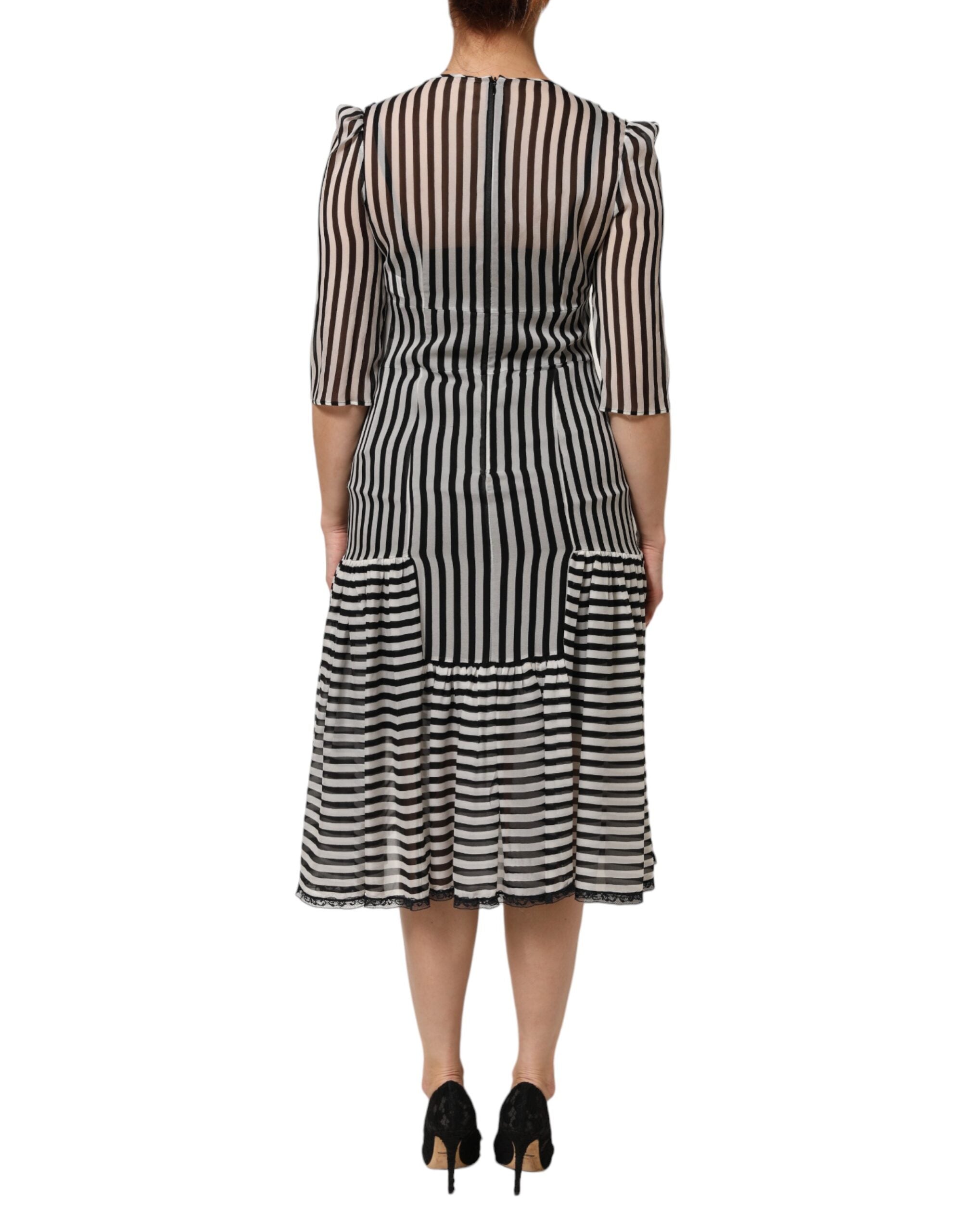 Dolce &amp; Gabbana Sorte Hvide Striber Silke Midikjole med V-hals