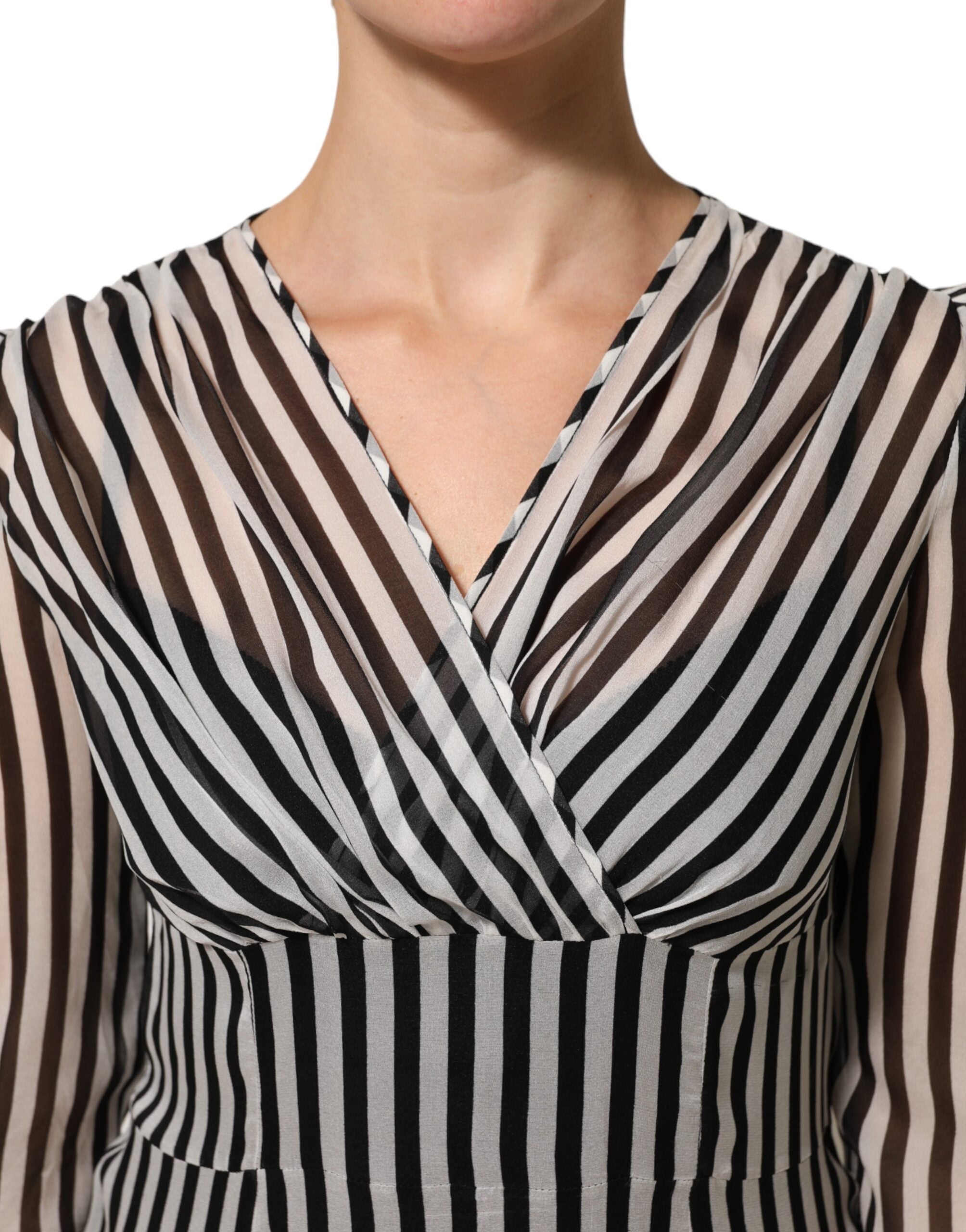 Dolce &amp; Gabbana Sorte Hvide Striber Silke Midikjole med V-hals