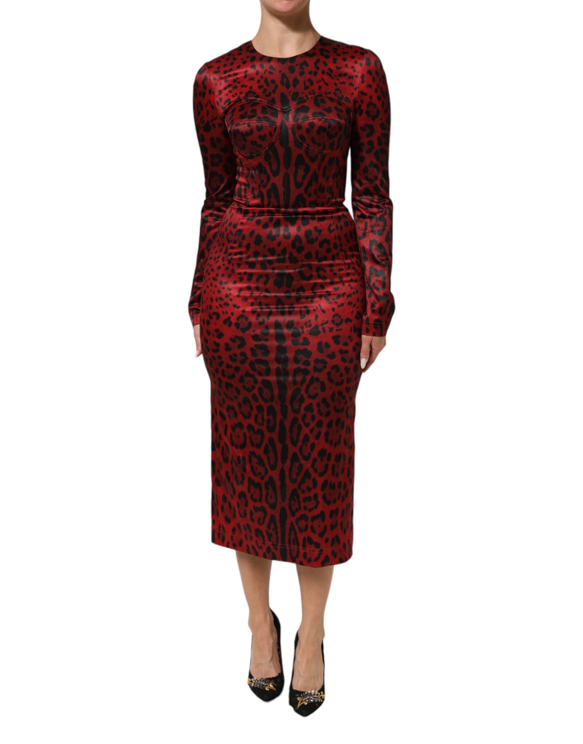 Dolce &amp; Gabbana Rød Leopardkjole med Lange Ærmer