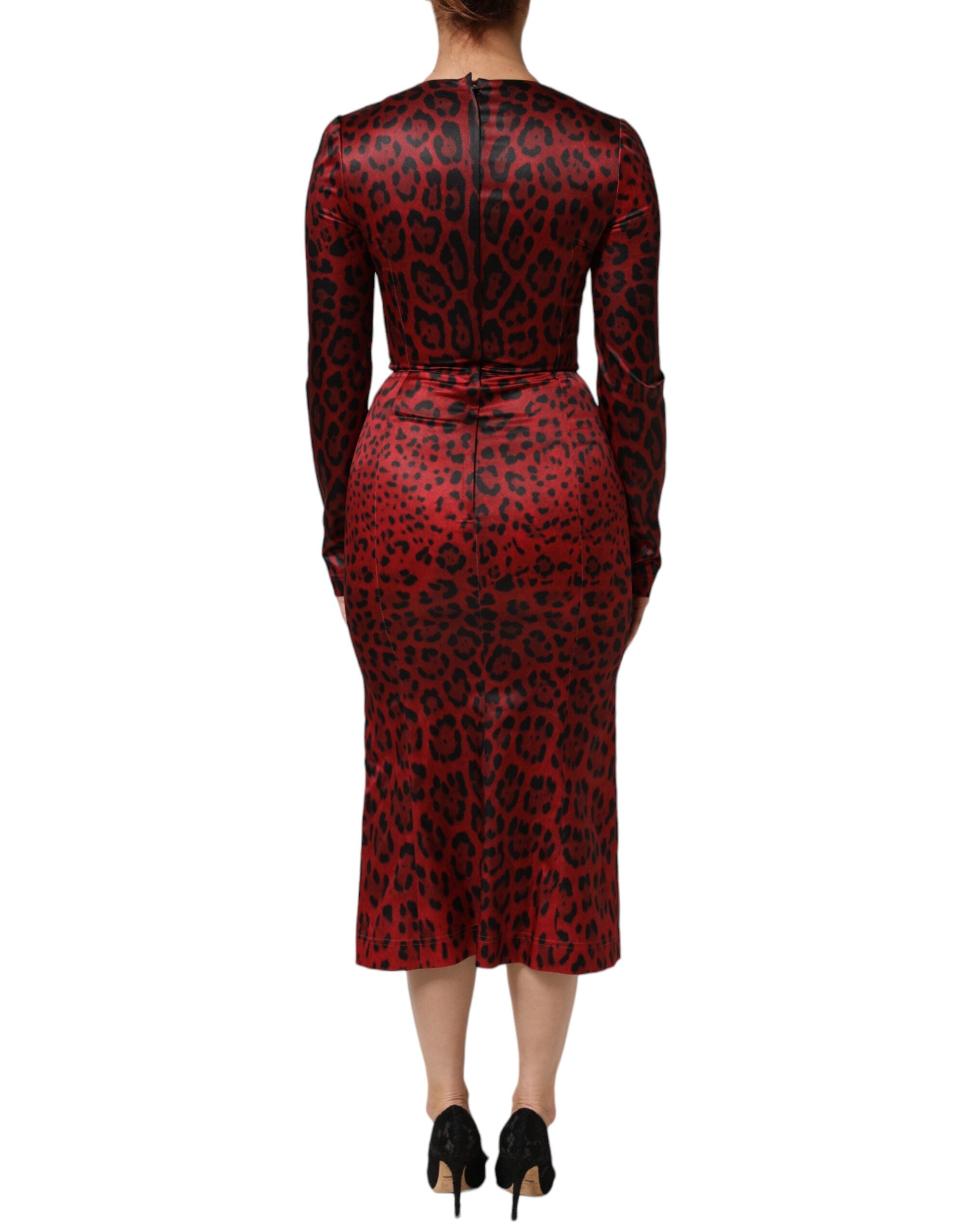Dolce &amp; Gabbana Rød Leopardkjole med Lange Ærmer