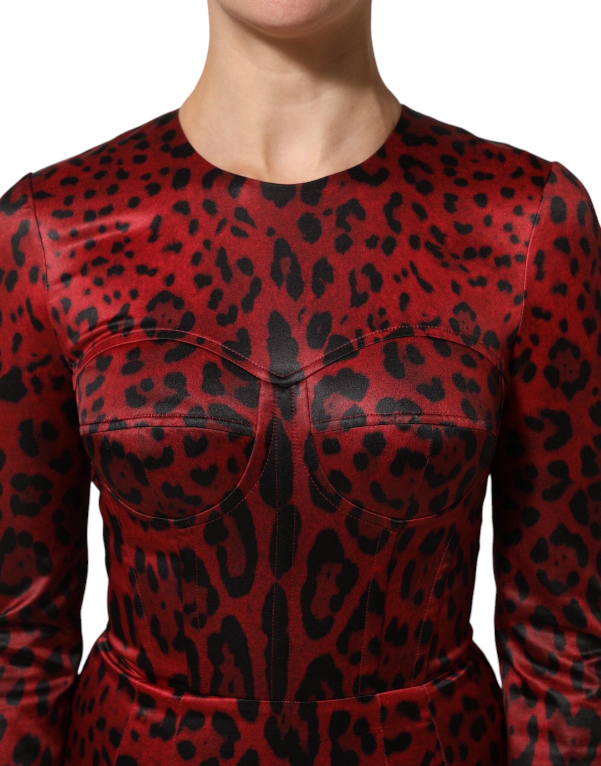 Dolce &amp; Gabbana Rød Leopardkjole med Lange Ærmer
