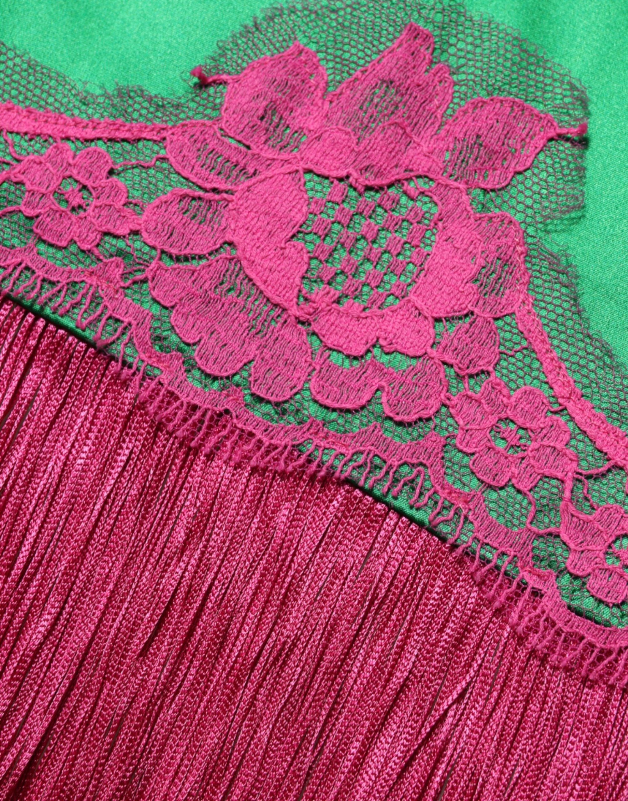 Dolce & Gabbana Grøn Blomsterkjole med Blonde og Frynser i Lingeri