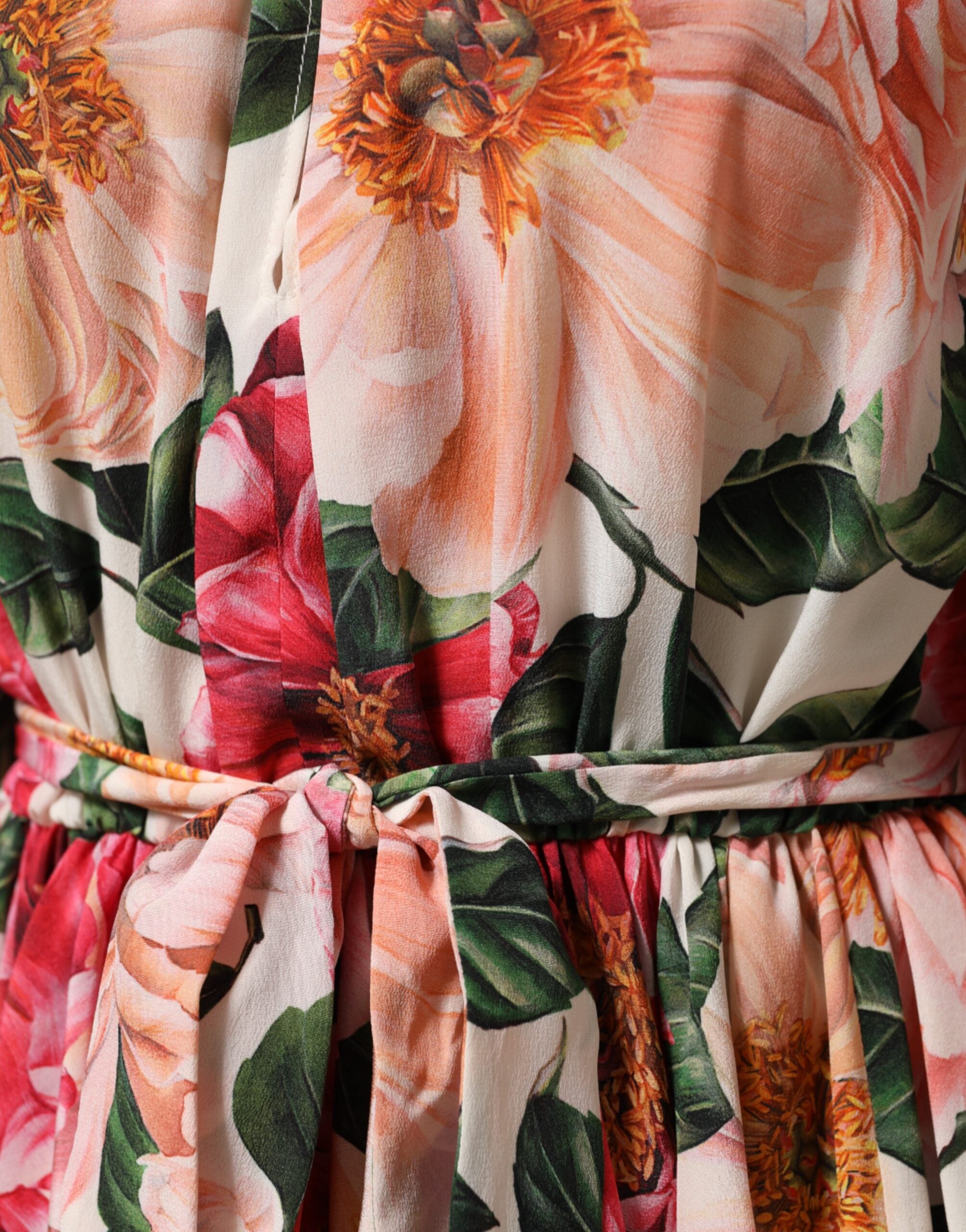 Dolce & Gabbana Pink Floral Printed Silk Ruffled Blouse Top